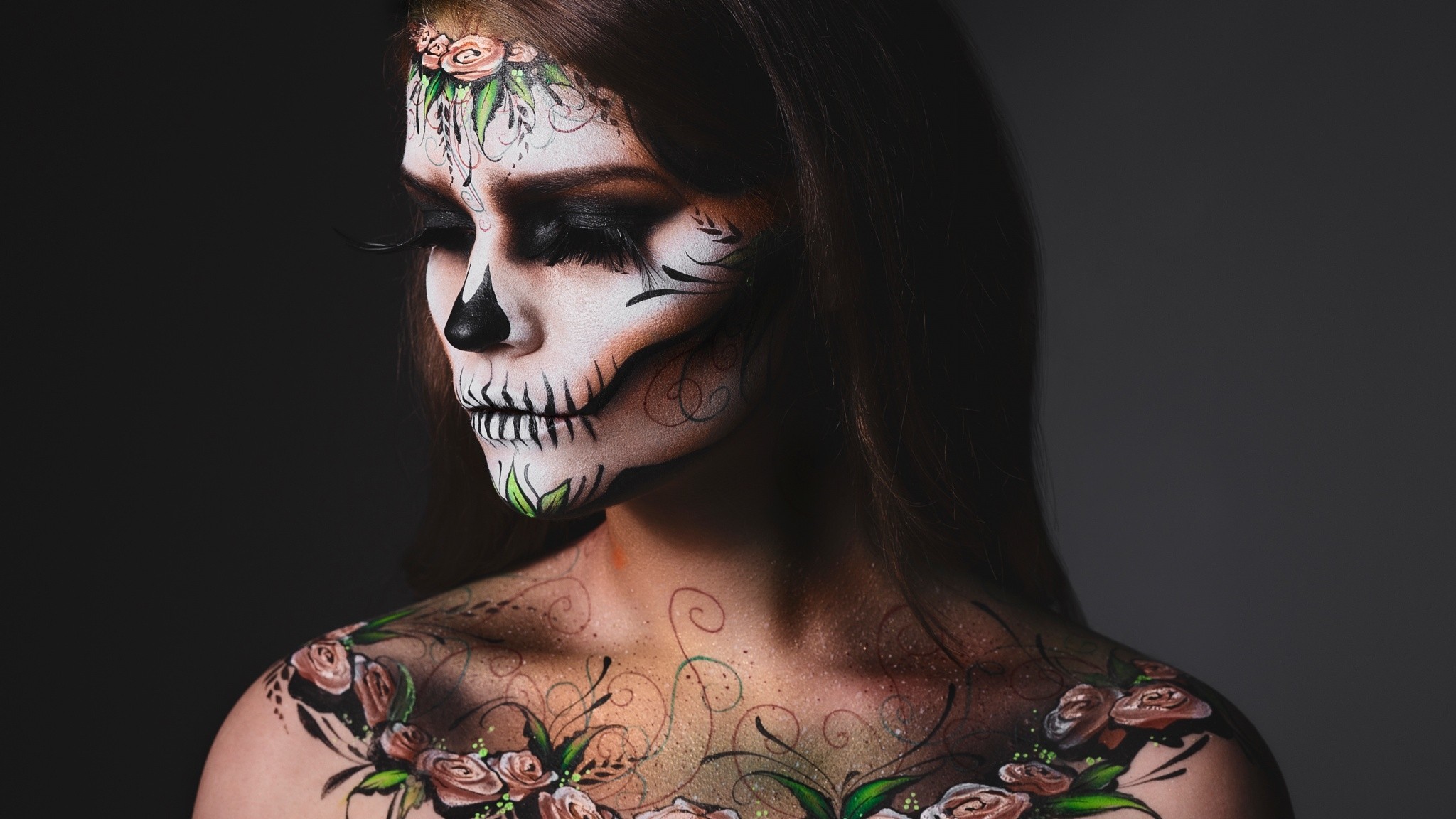Face Girl Makeup Sugar Skull Woman 2048x1152