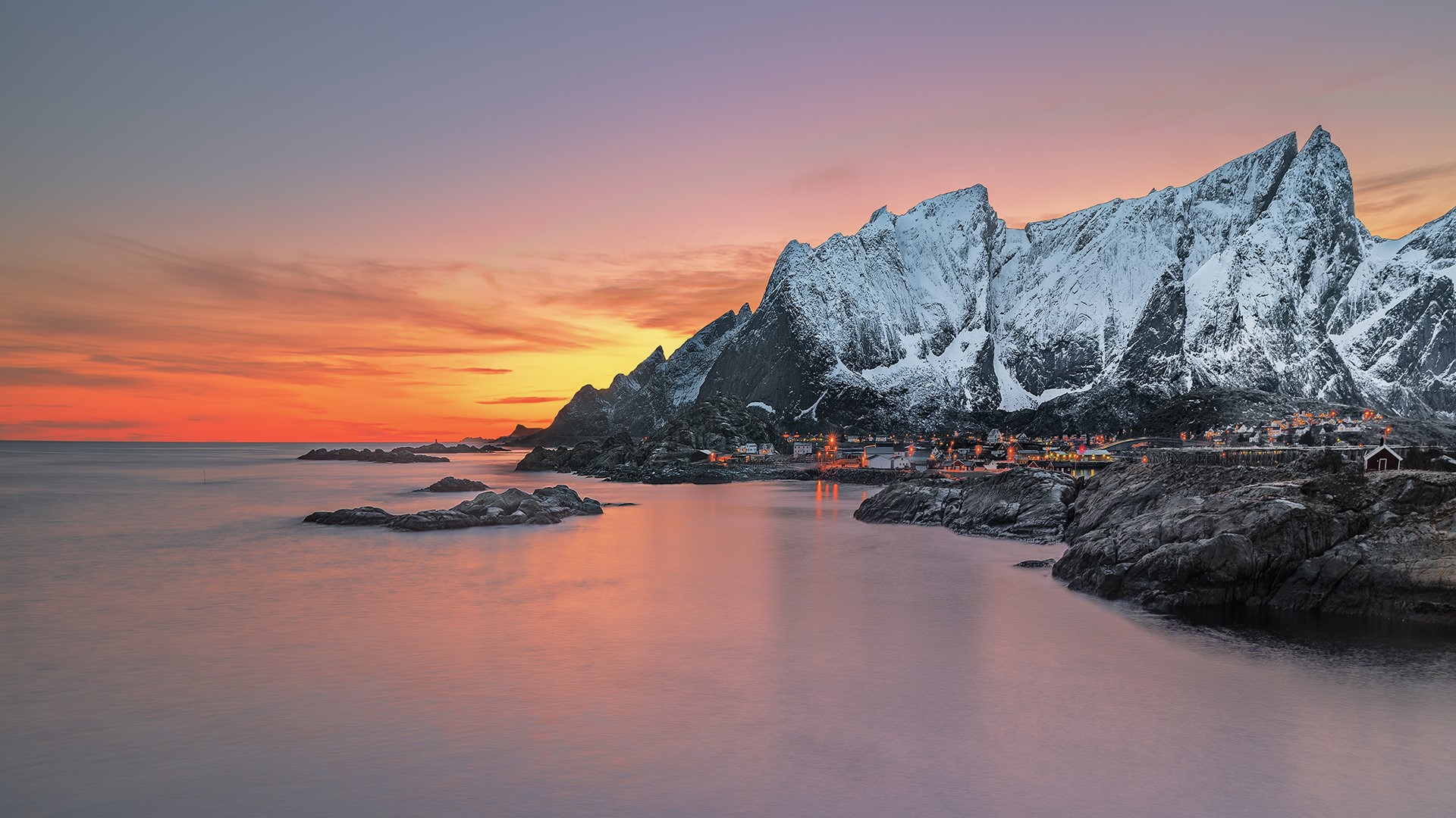 Nature Landscape Mountains Sea Water Horizon Village House Clouds Sky Dawn Lights Snowy Mountain Lof 1920x1080