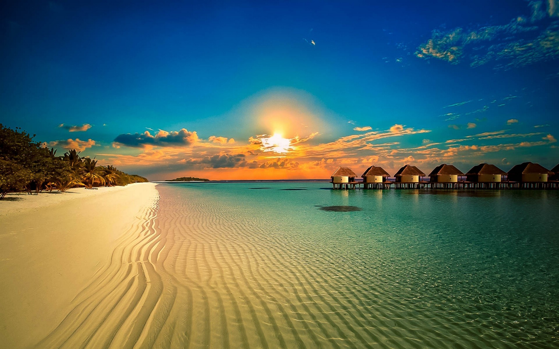 Beach Bungalow Horizon Hut Man Made Ocean Resort Sand Sunset Tropical 1920x1200