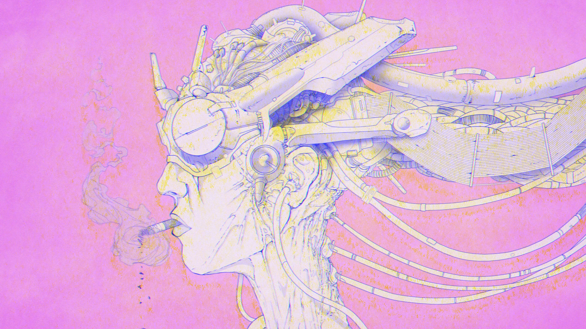 Wouter Gort Cyberpunk Face Smoking Cigarettes Artwork 1920x1080