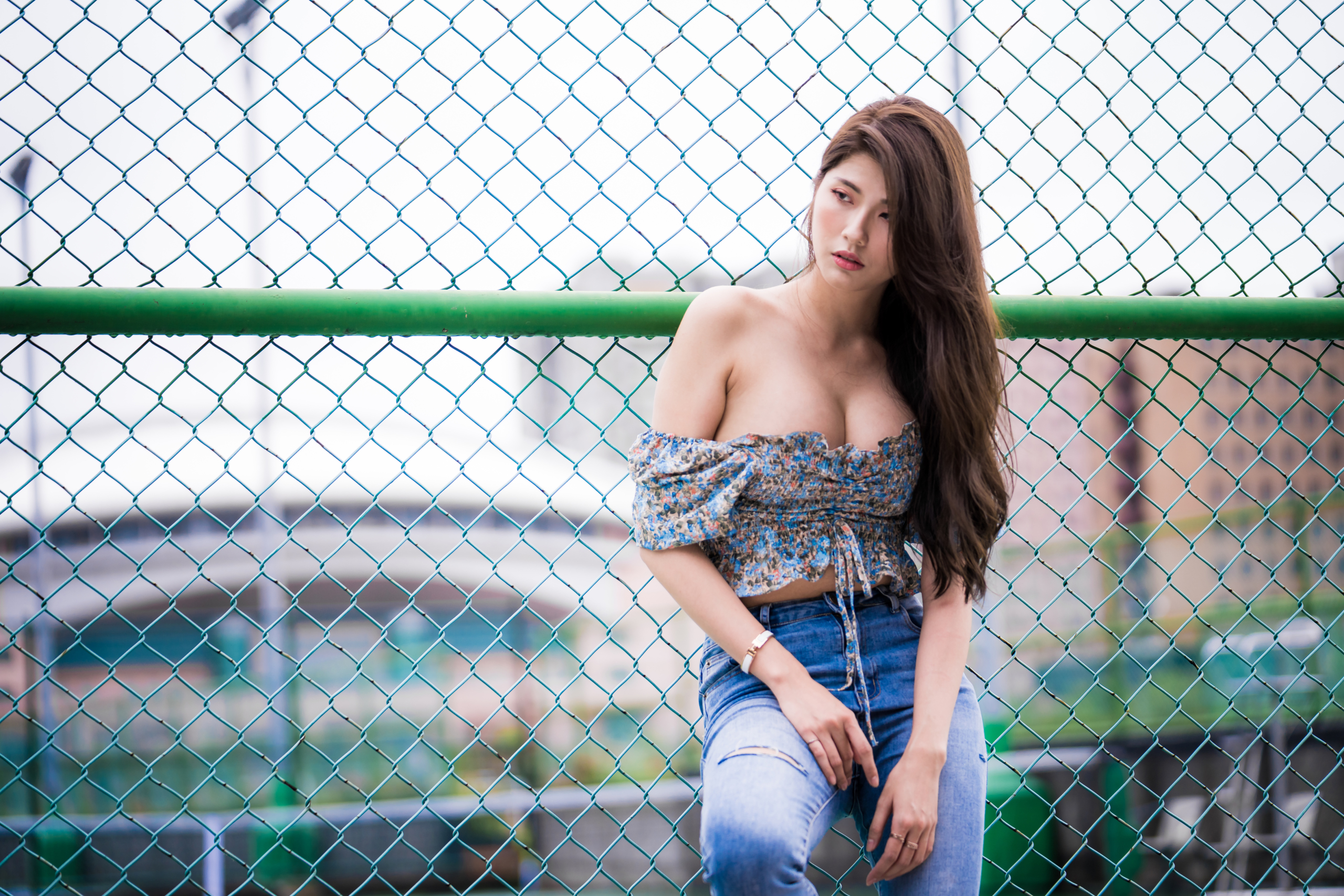 Women Model Asian Brunette Long Hair Looking Away Bare Shoulders Crop Top Jeans Depth Of Field Chain 2560x1707