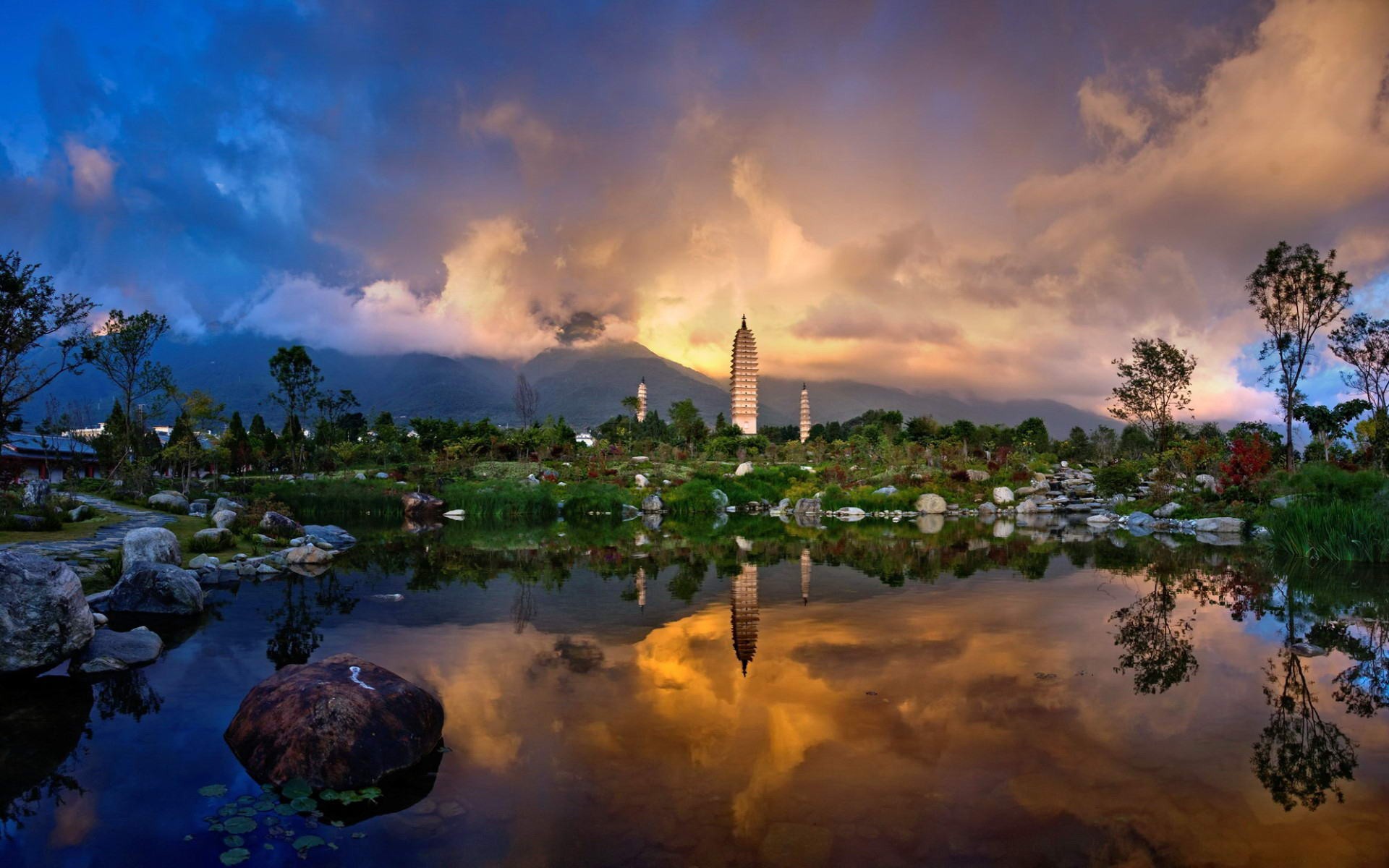 Building Cloud Dali Pond Reflection 1920x1200