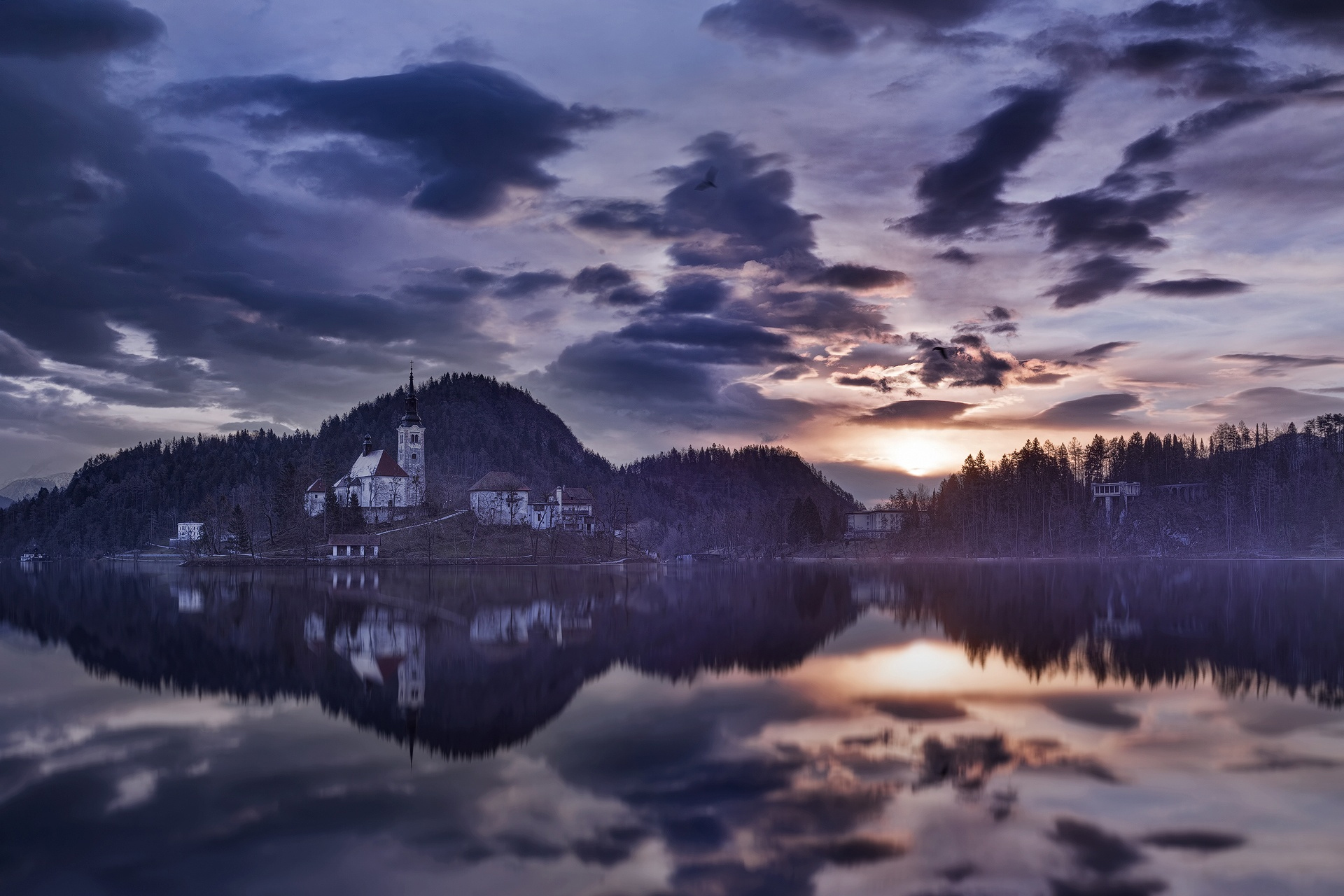 Church Lake Morning Reflection Slovenia Sunrise 1920x1280