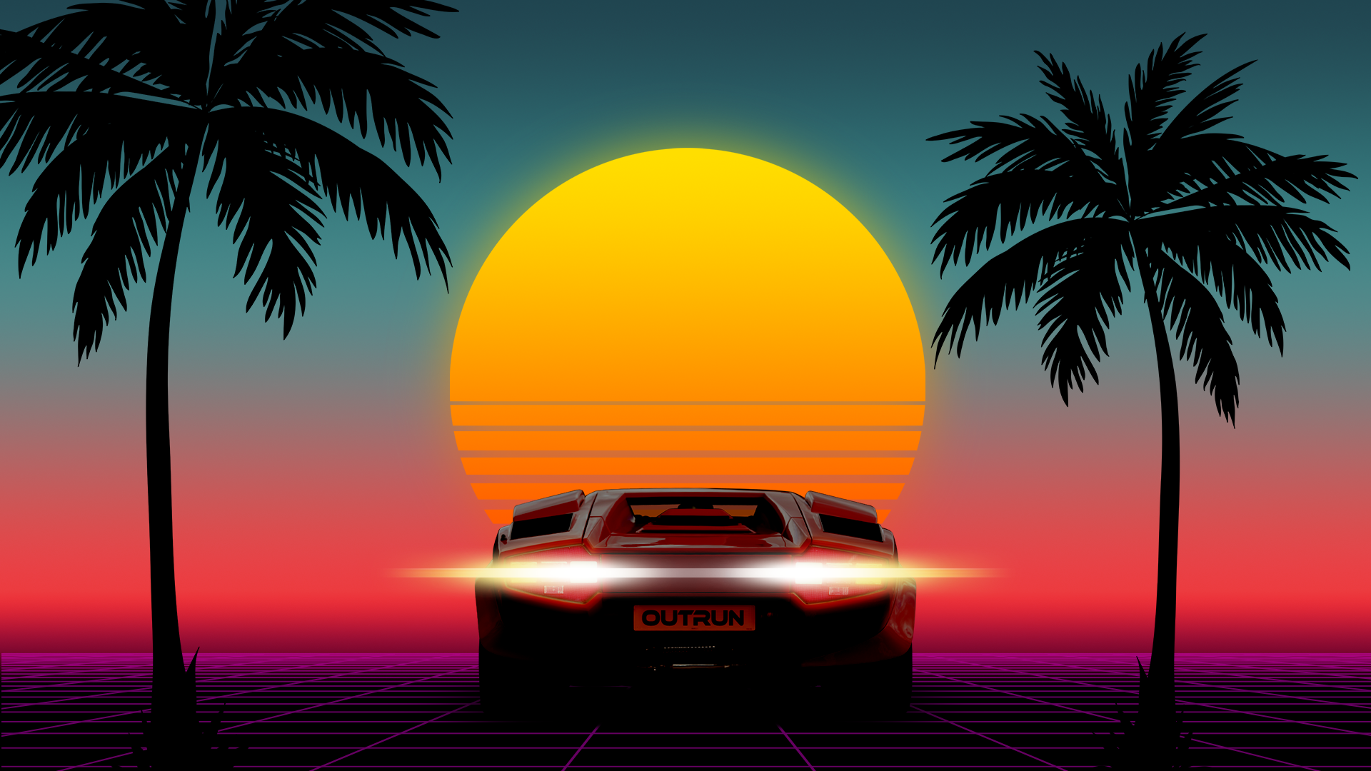 1980s 80s Sunset Car Lamborghini Palm Trees 8 Bit Neon OutRun 1920x1080