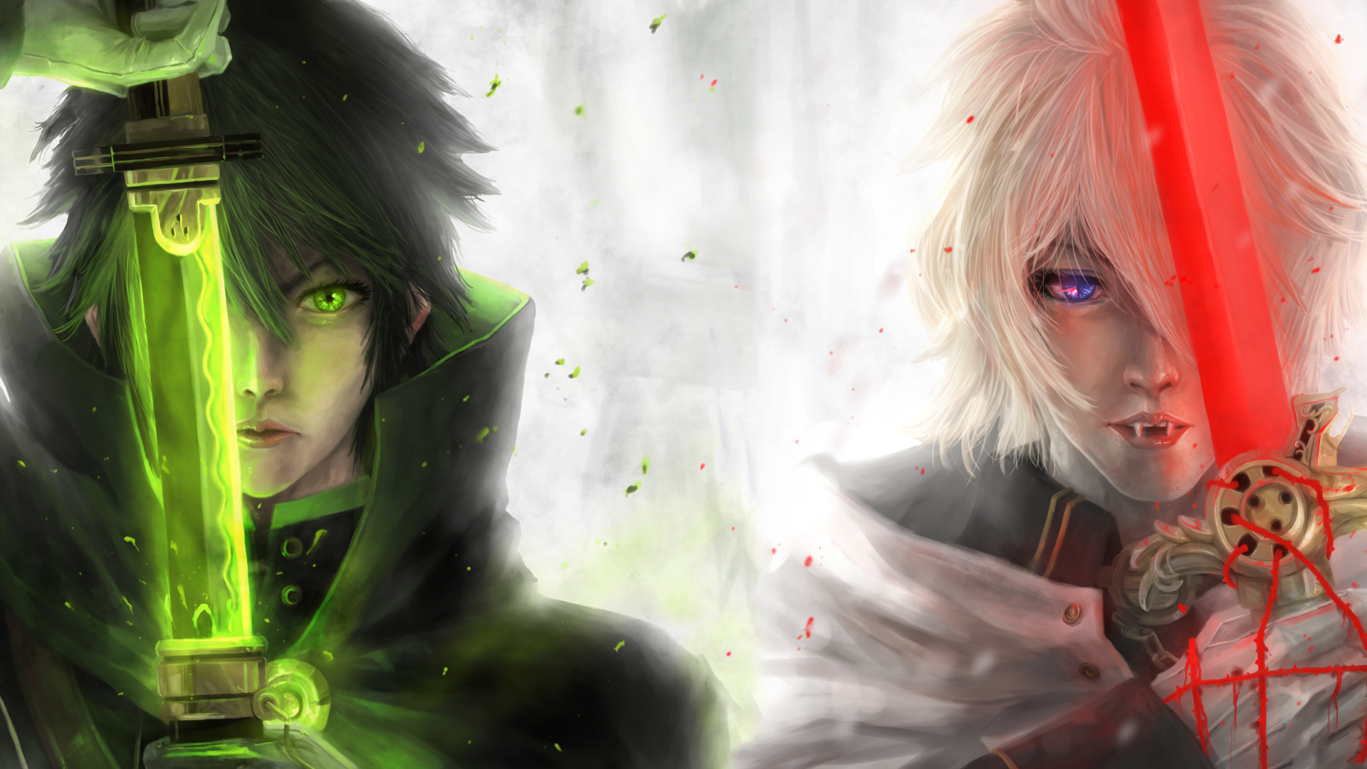 Anime Black Hair Blonde Blue Eyes Boy Close Up Fangs Glove Green Eyes Katana Mikaela Hyakuya Seraph  1920x1080