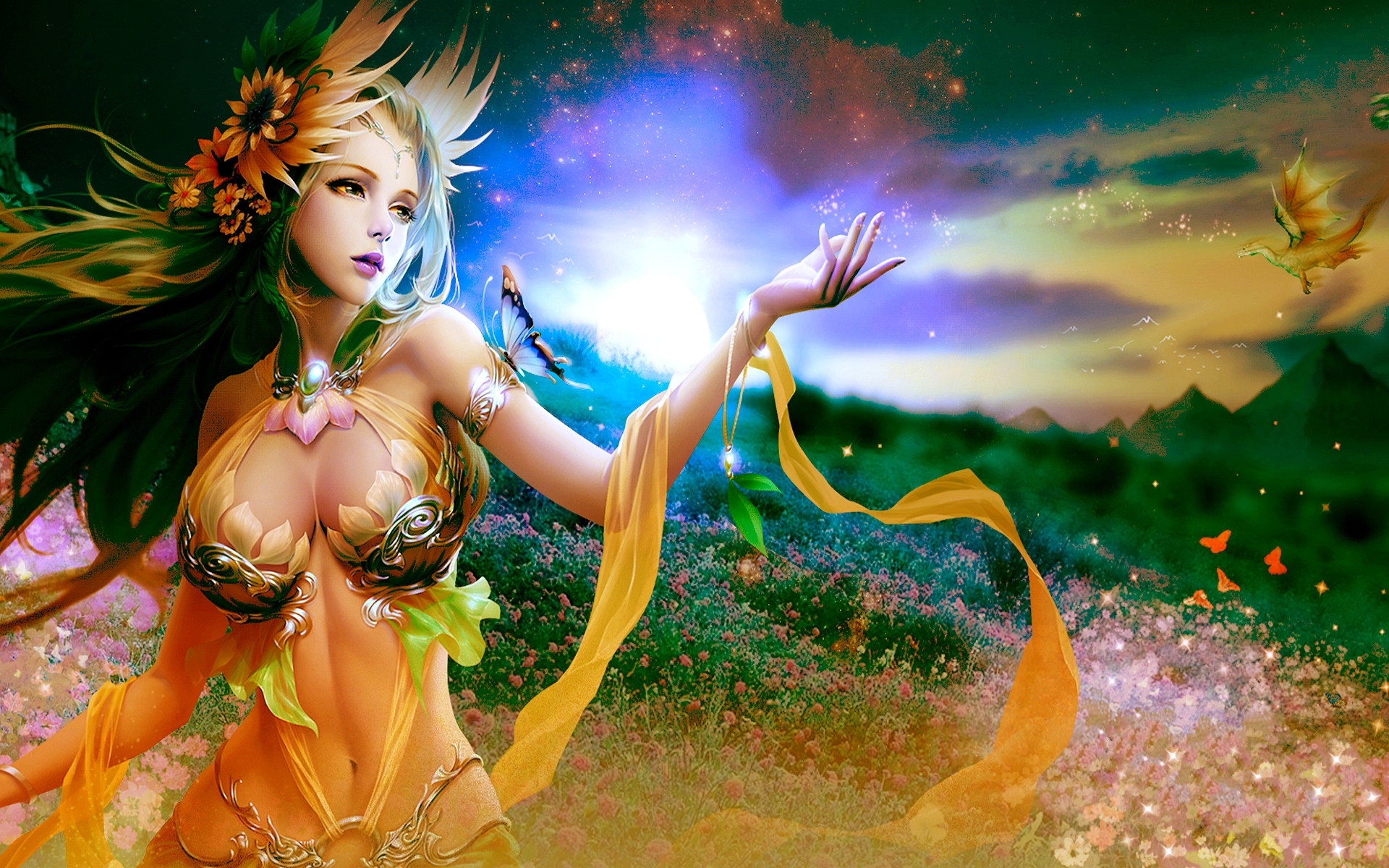 Blonde Butterfly Dragon Fantasy Flower Girl League Of Angels Spring Woman 1920x1200