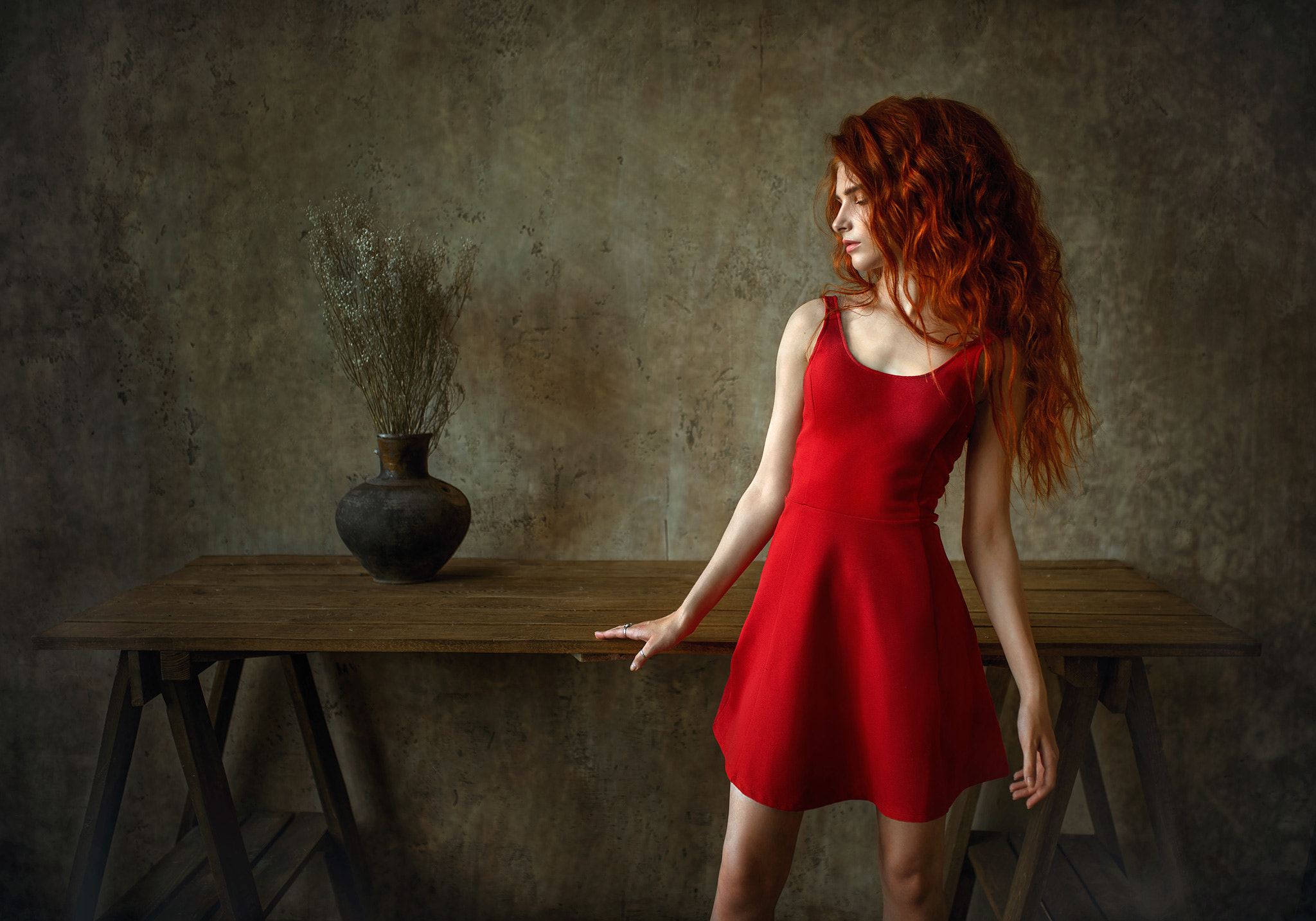 Albert Lesnoy Women Redhead Long Hair Wavy Hair Closed Eyes Makeup Dress Red Clothing Plant Pot Plan 2048x1433