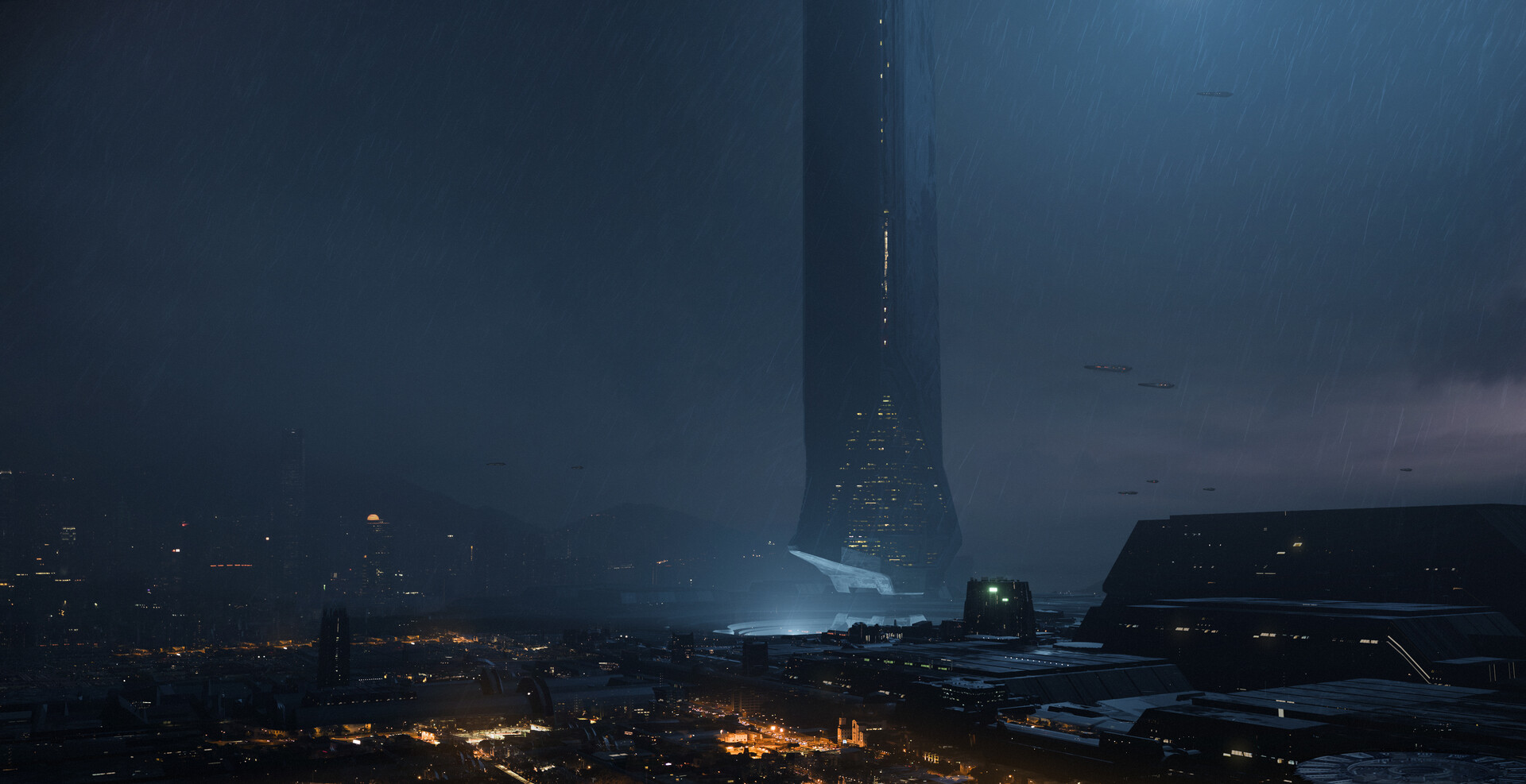 Brandon Gobey Digital Art Science Fiction City Cityscape Rain 1920x987