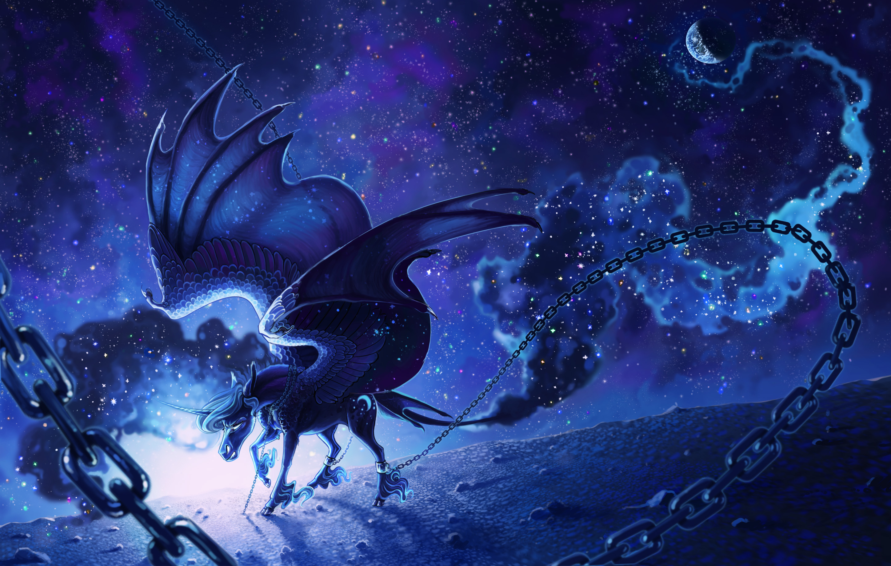 Blue Chain Horse Pegasus Space Wings 2896x1838
