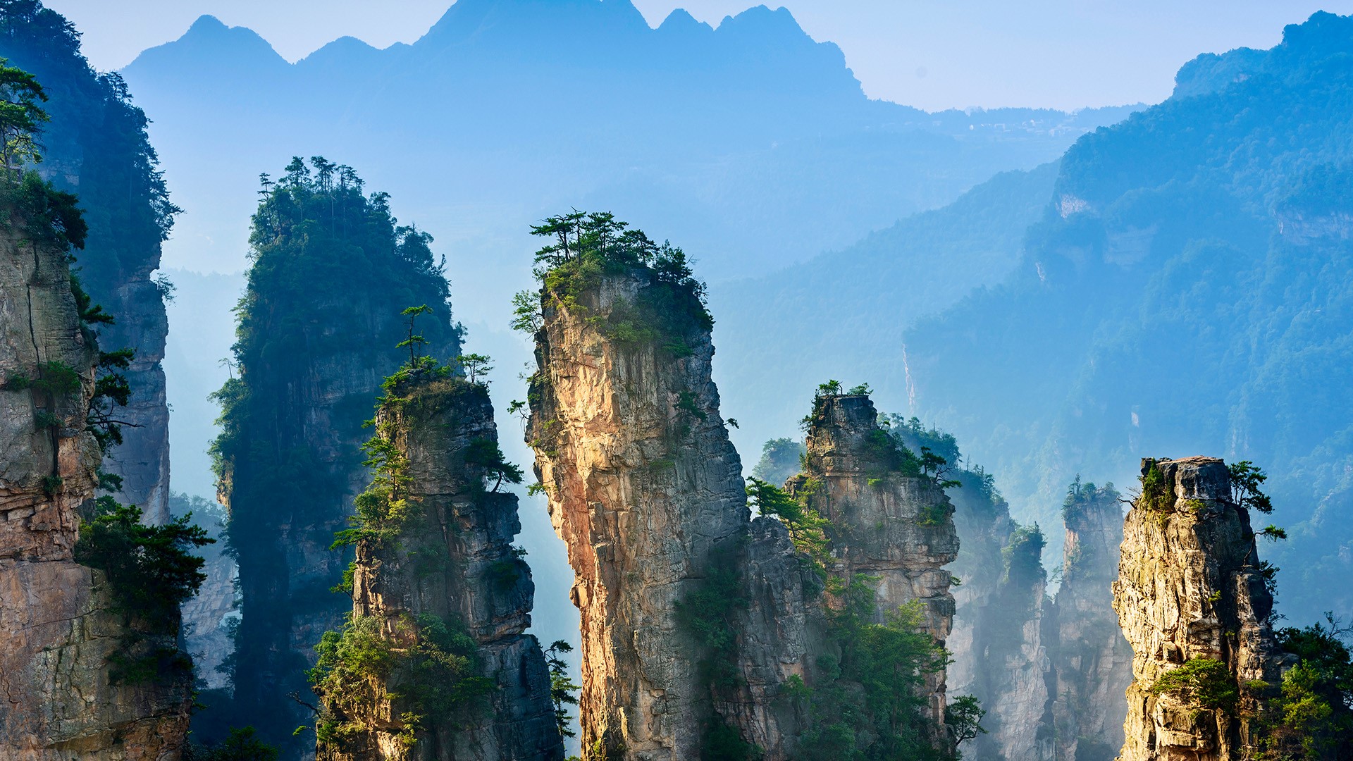 Nature Landscape Trees Rocks Mountains Mist Zhangjiajie National Park Hunan China 1920x1080