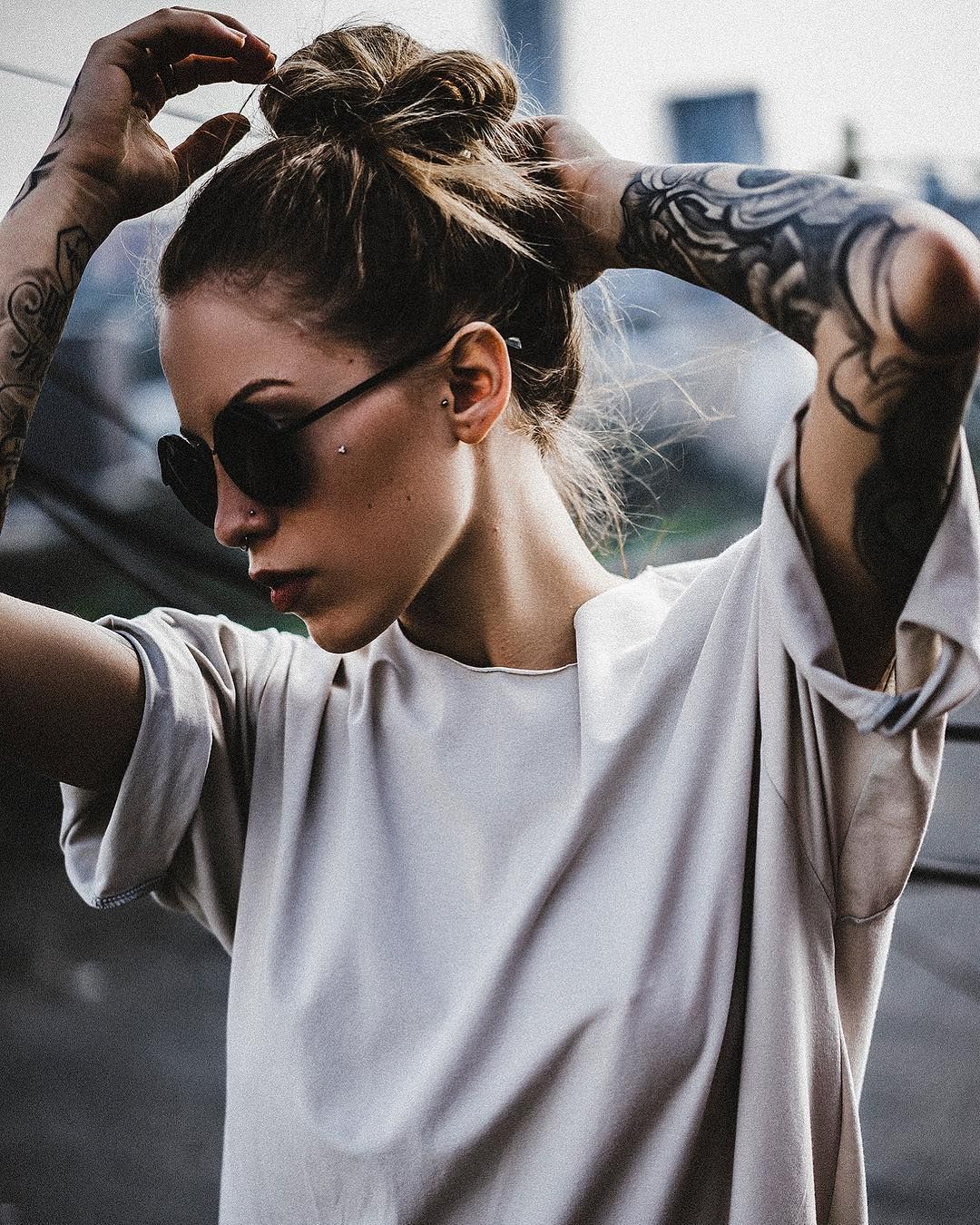 Women Hairbun Women Outdoors Glasses Women With Glasses Septum Ring Looking Away Tattoo White Clothi 1080x1350