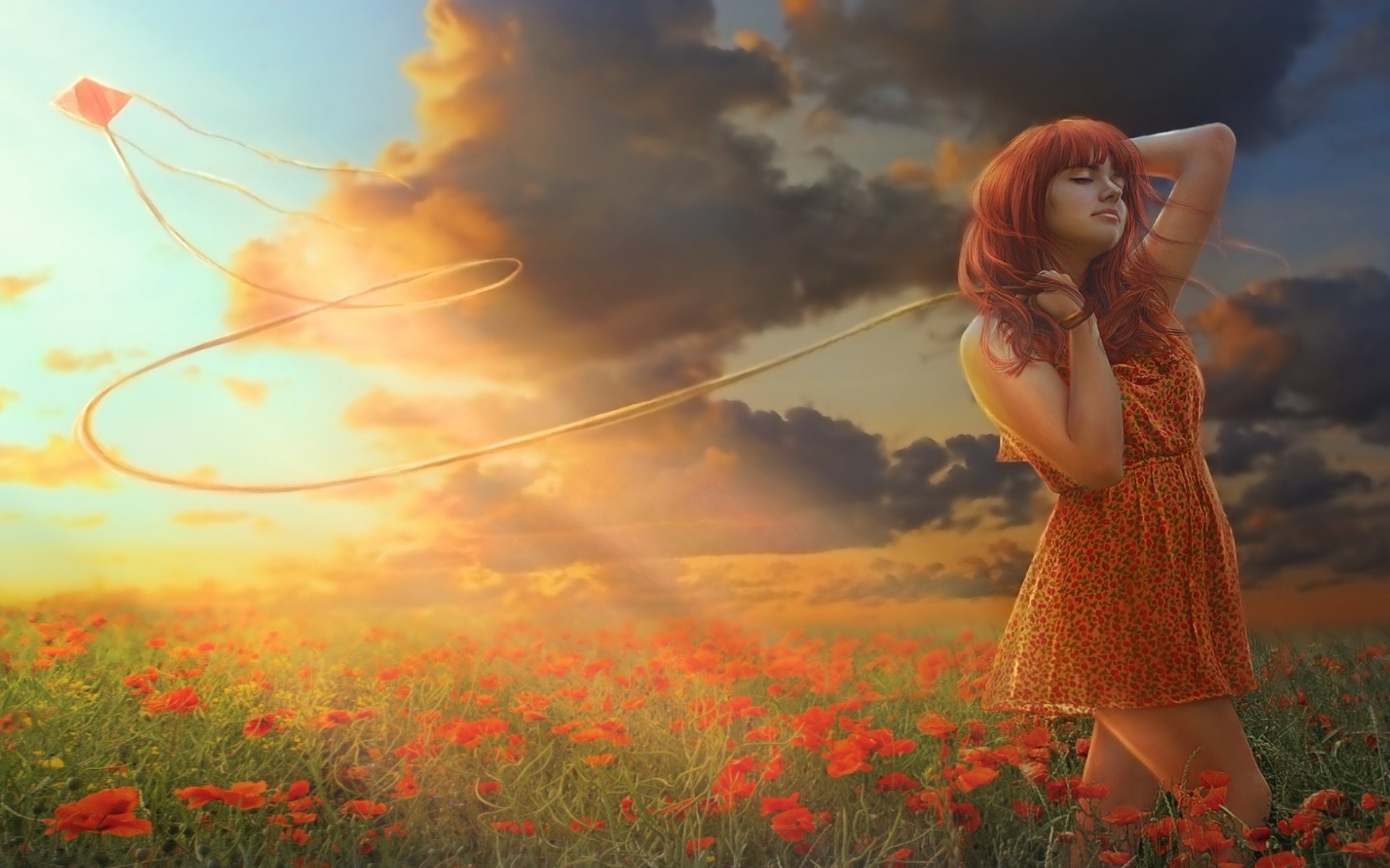 Girl Kite Meadow Poppy Sunshine 1920x1200