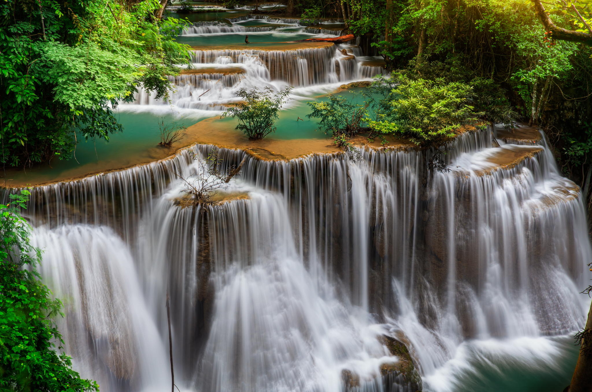 Erawan National Park Erawan Waterfall Huai Mae Kamin Waterfall Thailand Tropics Waterfall 2048x1357