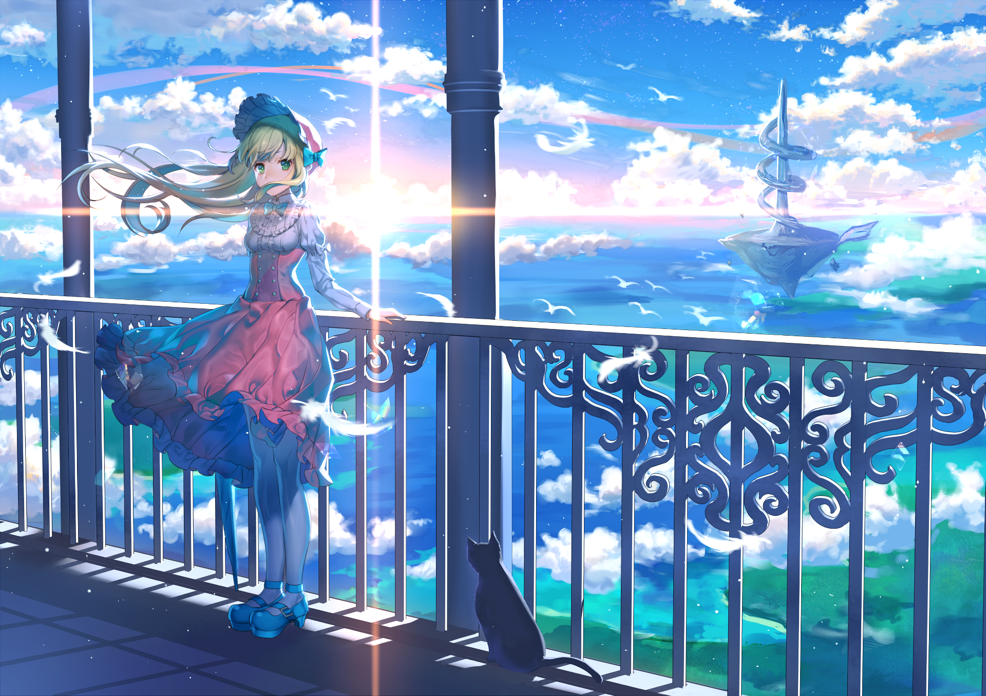 Anime Blonde Cat Cloud Dress Floating Island Girl Green Eyes Horizon Long Hair Ocean Original Anime  1920x1356