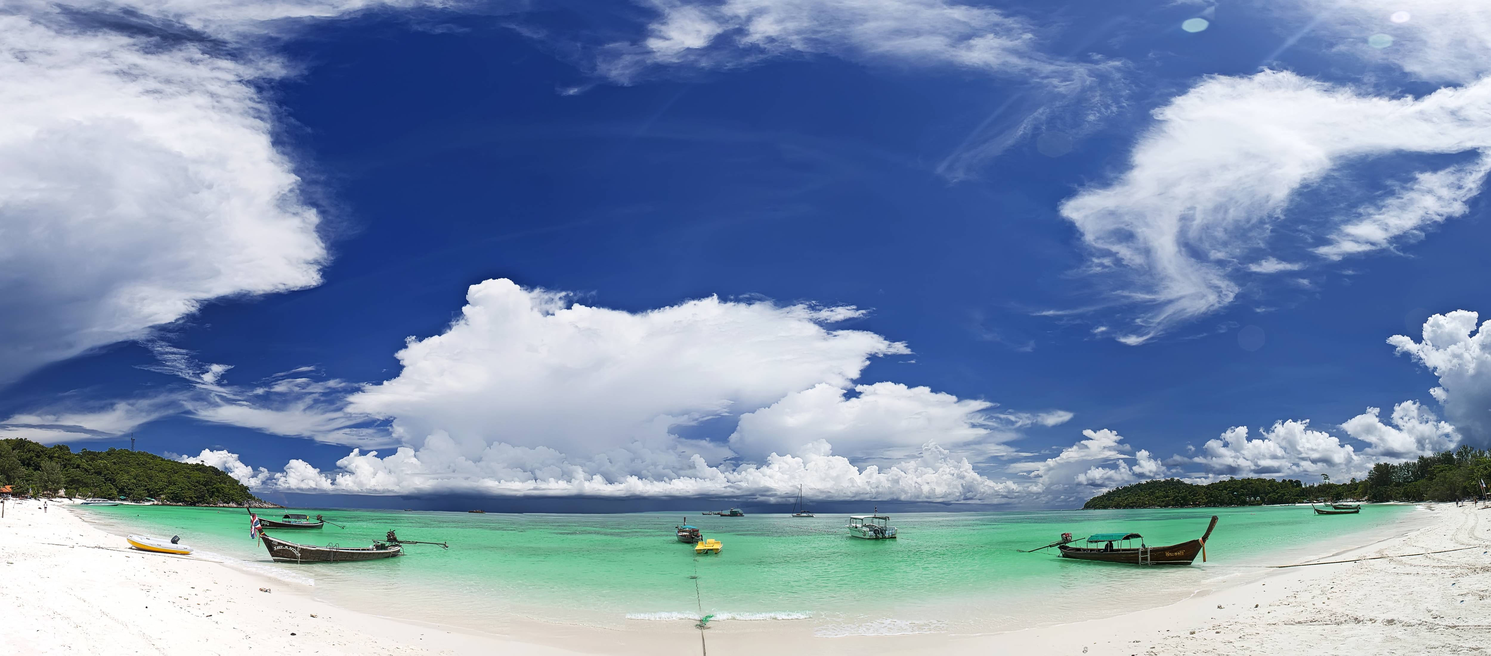 Beach Boat Cloud Island Lagoon Panorama Sky Thailand Tropics 5000x2201