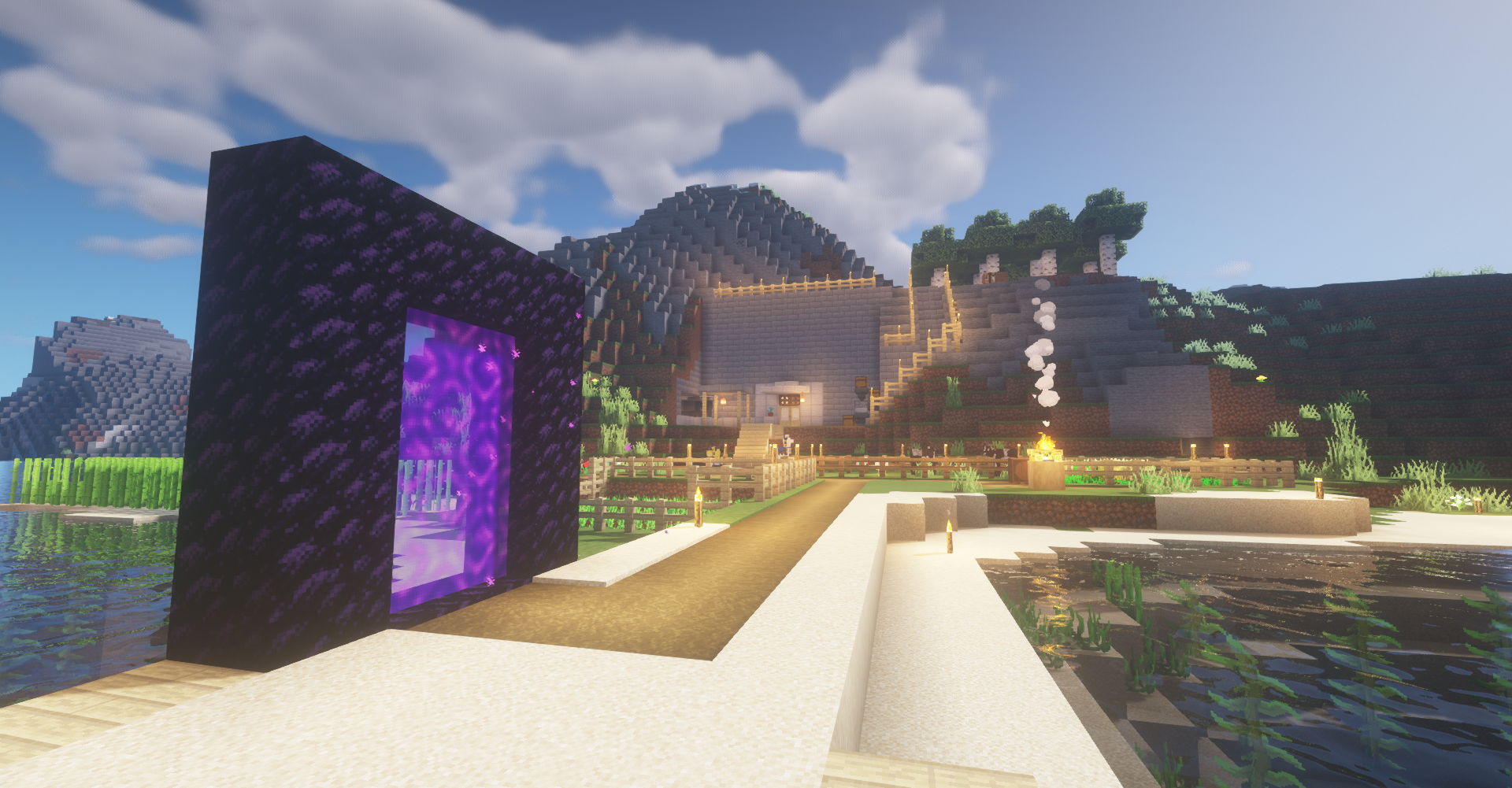 Afternoon Minecraft Sunlight Water Trees Pathway 1920x1001
