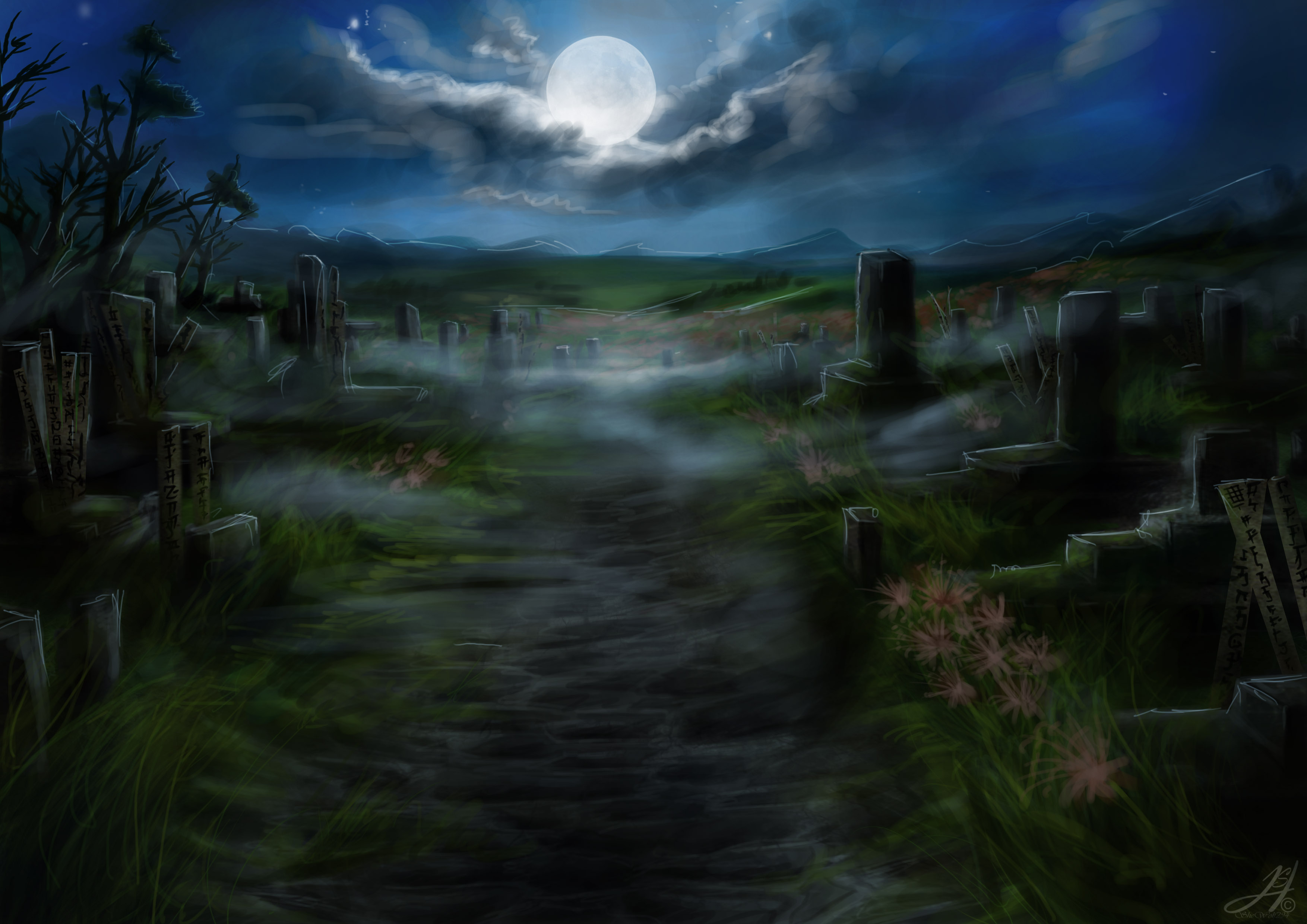 Cemetery Dark Fantasy Graveyard Moon Night Tombstone 3508x2480