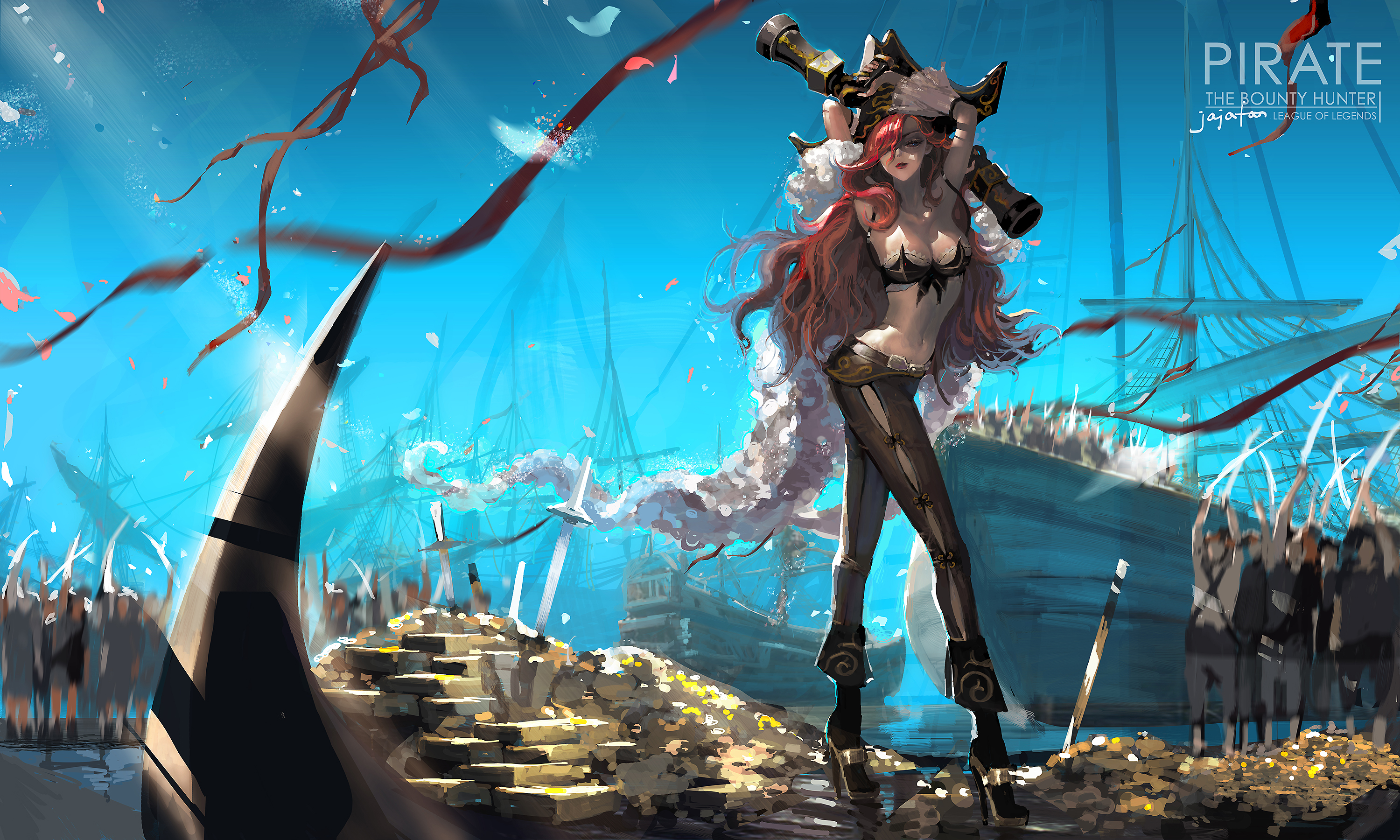 Fantasy Gold Hat League Of Legends Long Hair Miss Fortune League Of Legends Pirate Pirate Ship Red H 3000x1800