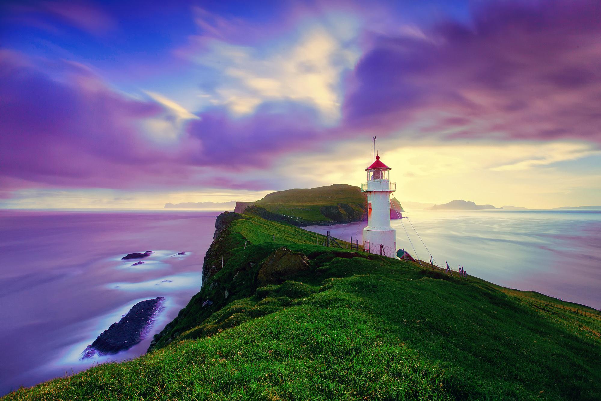 Cliff Cloud Faroe Islands Horizon Lighthouse Man Made Ocean Purple Rock 2000x1333