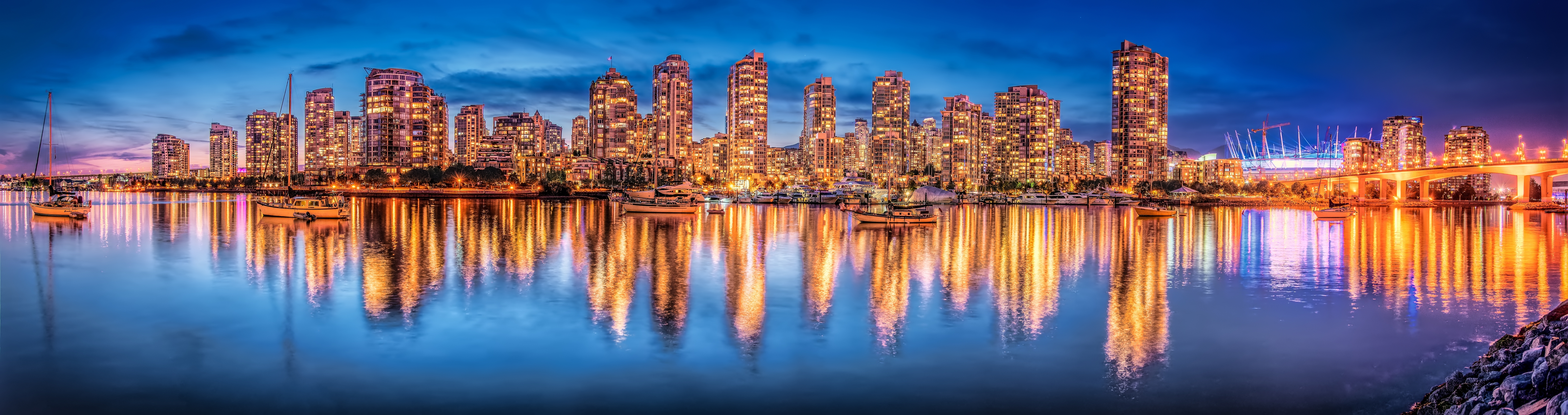 British Columbia Building Canada City Night Panorama Reflection Skyscraper Vancouver 7561x2000