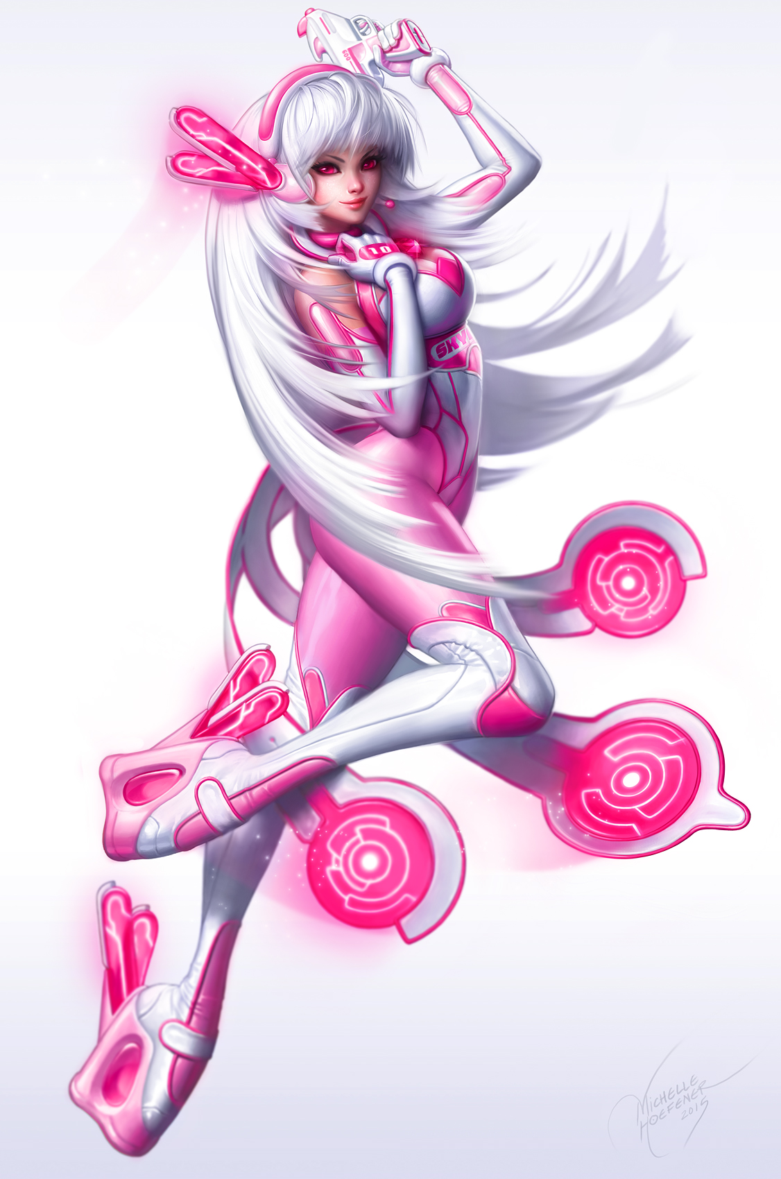 Michelle Hoefener Drawing Women Silver Hair Original Characters Pink Clothing Pink Glowing Pink Eyes 1126x1700