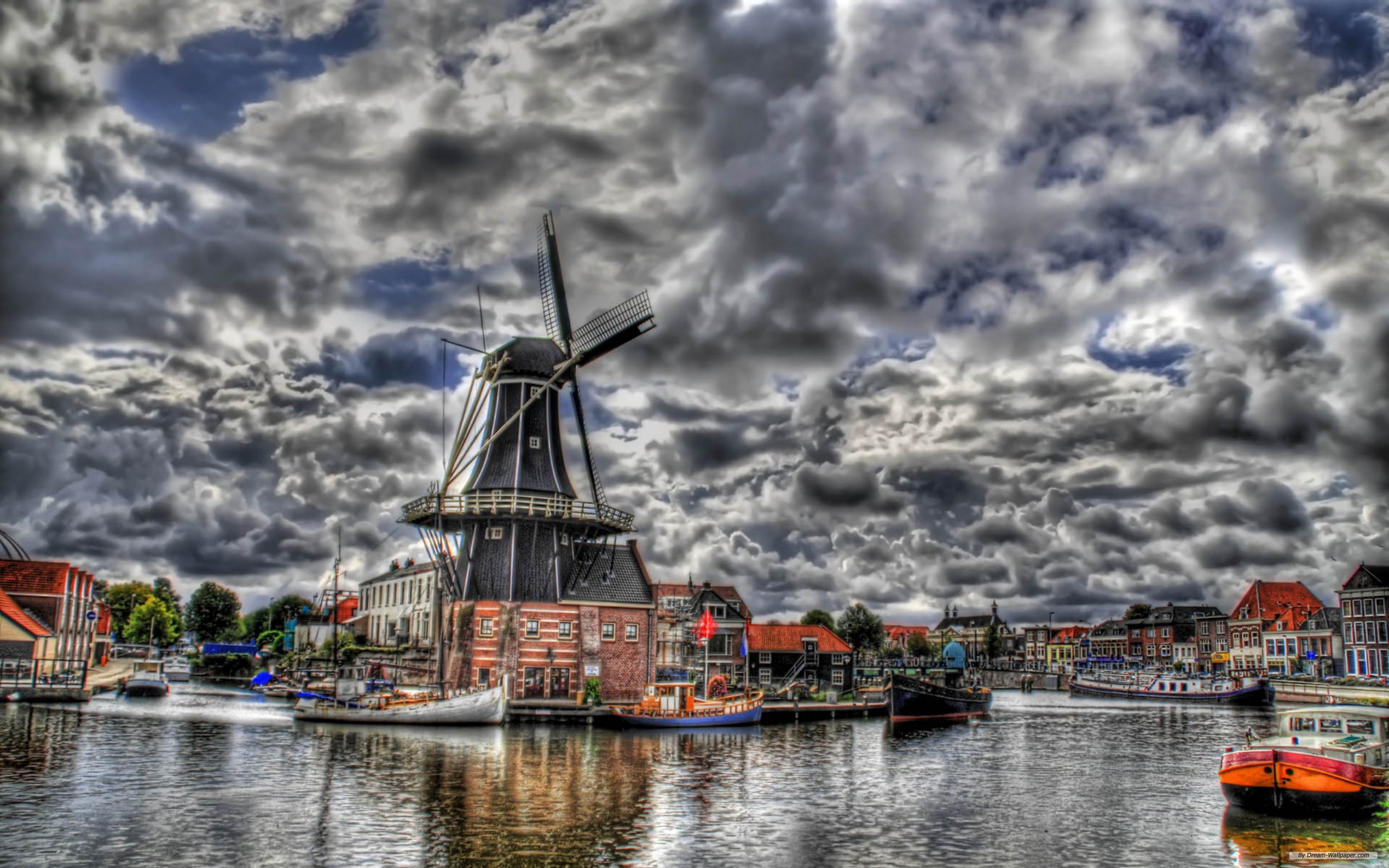 Amsterdam Canal Cloud Mill Netherlands 2560x1600