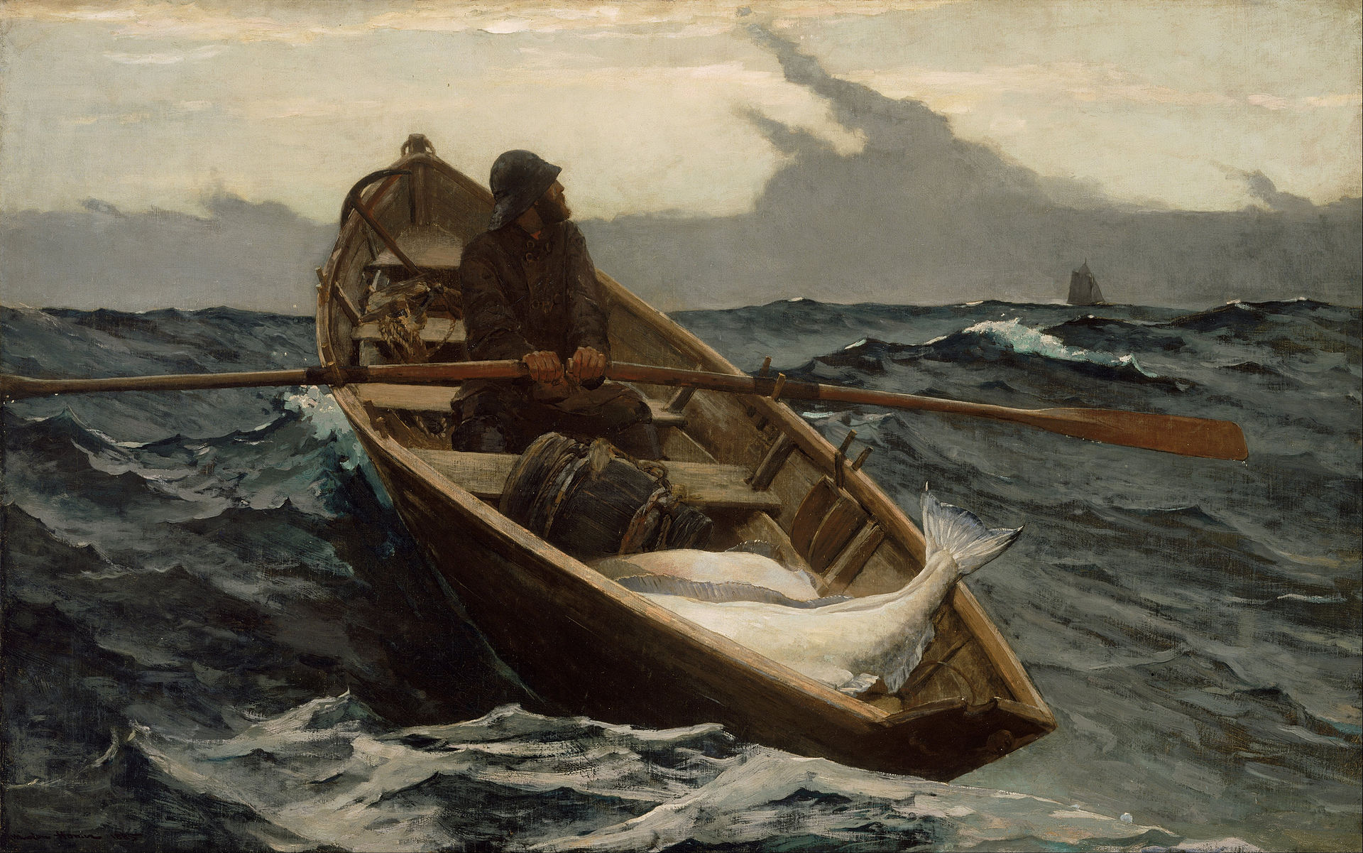 Painting Artwork Fish Boat Rowing Sea Waves Fisherman Winslow Homer 1920x1201