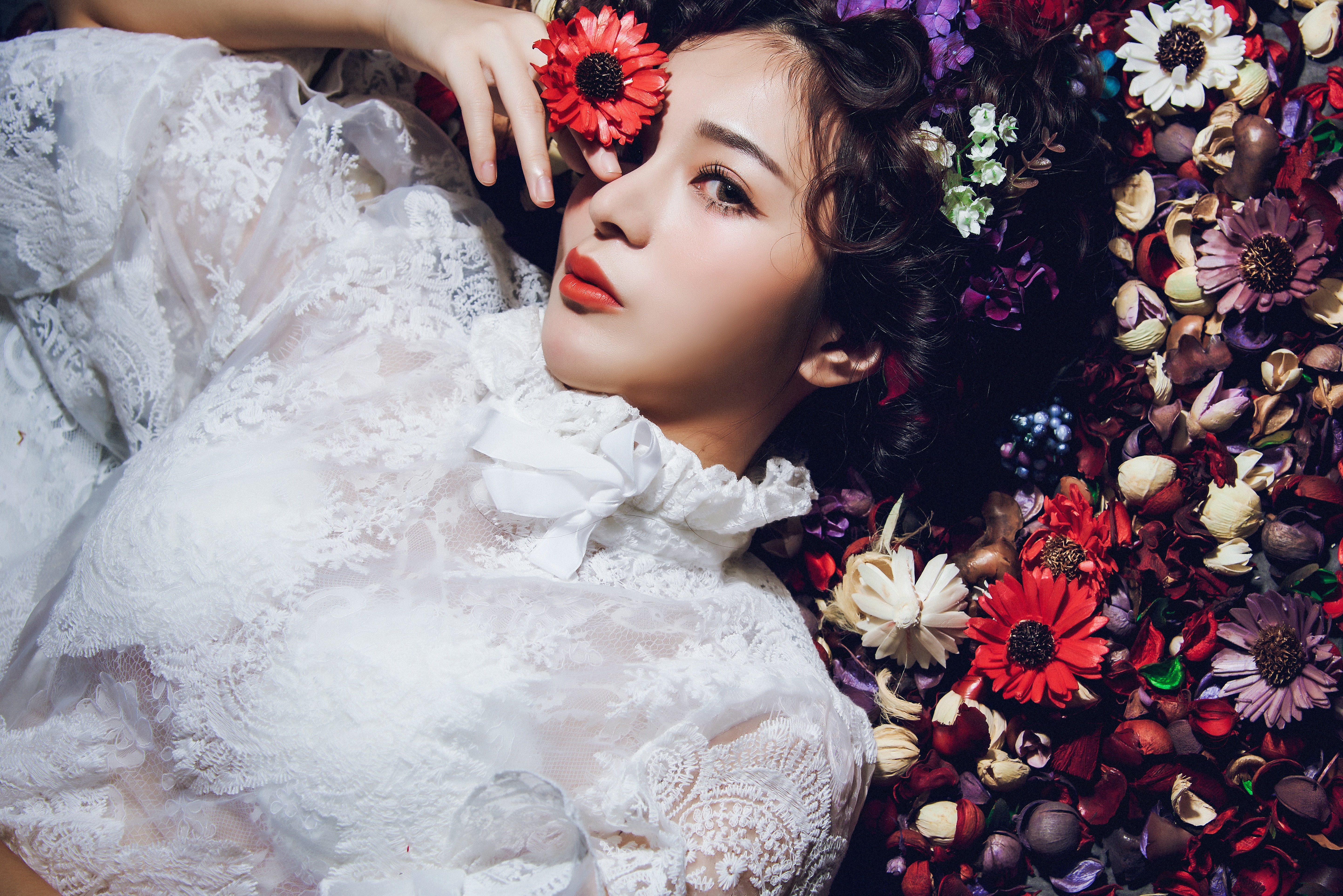 Asian Women Model Flowers Laying On Back White Dress Red Lipstick 5770x3852