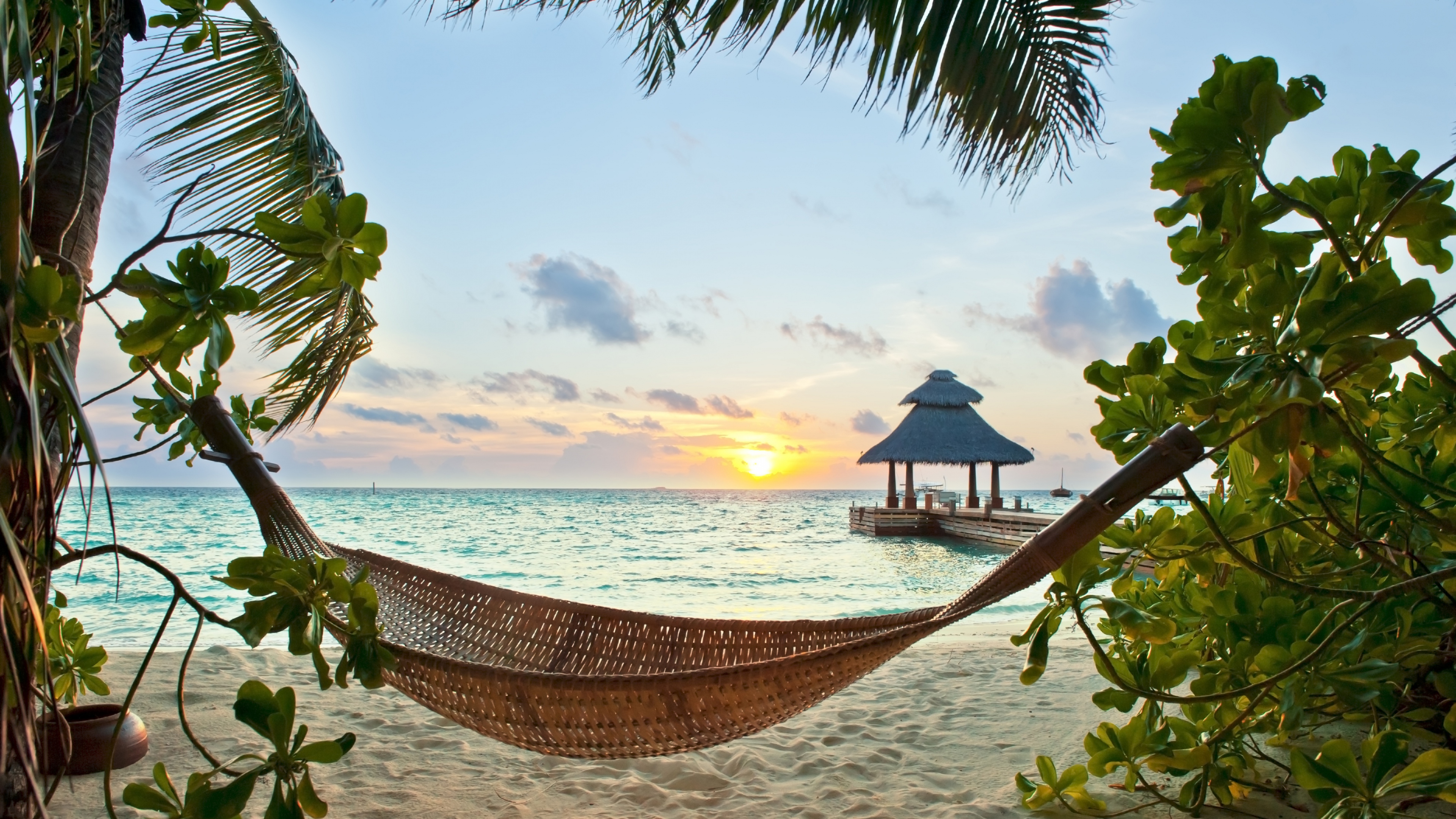 Beach Hammock Sea Sunset Tropics 3840x2160