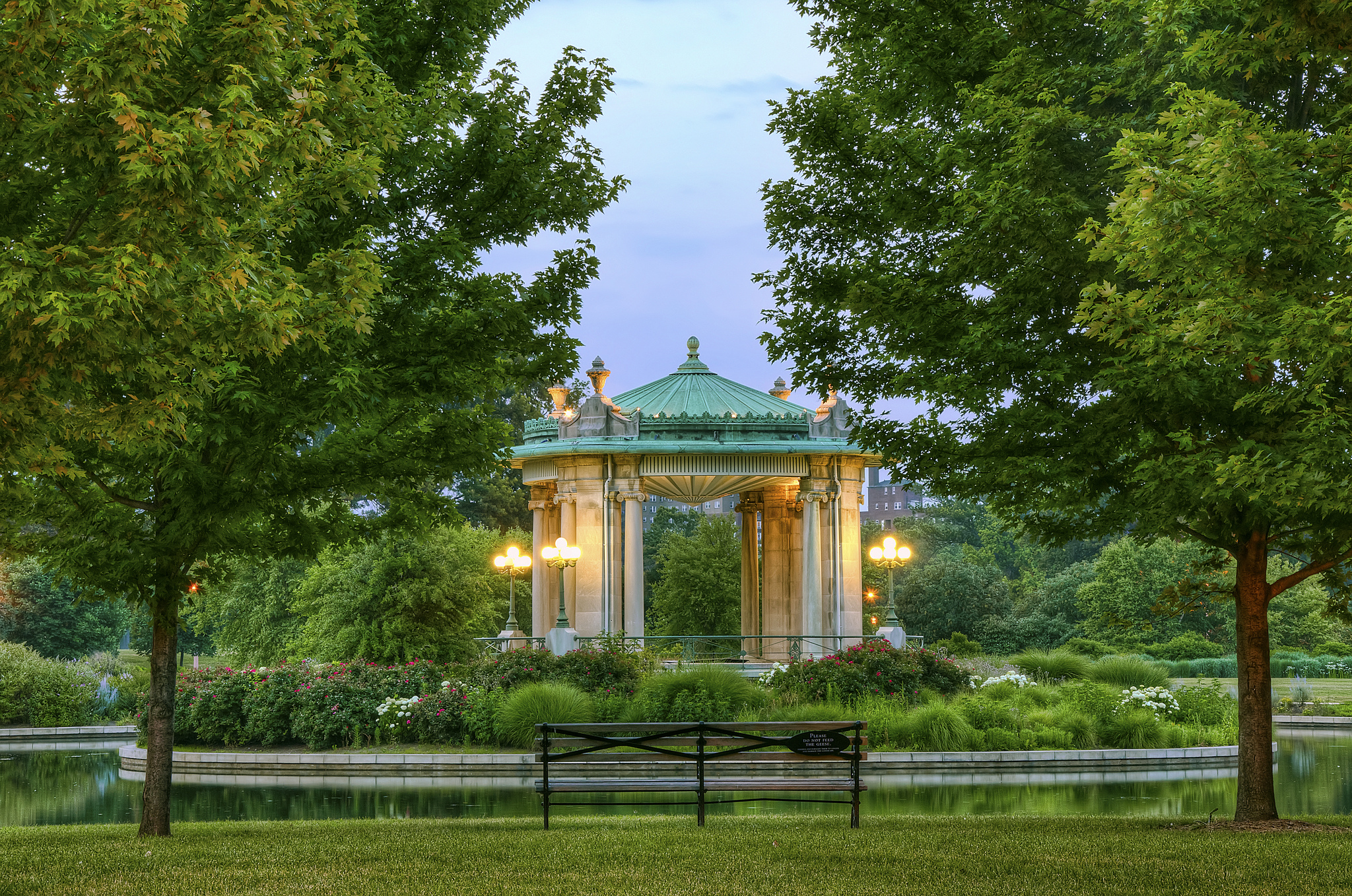 Bench Gazebo Green Park Pond Tree 2048x1358