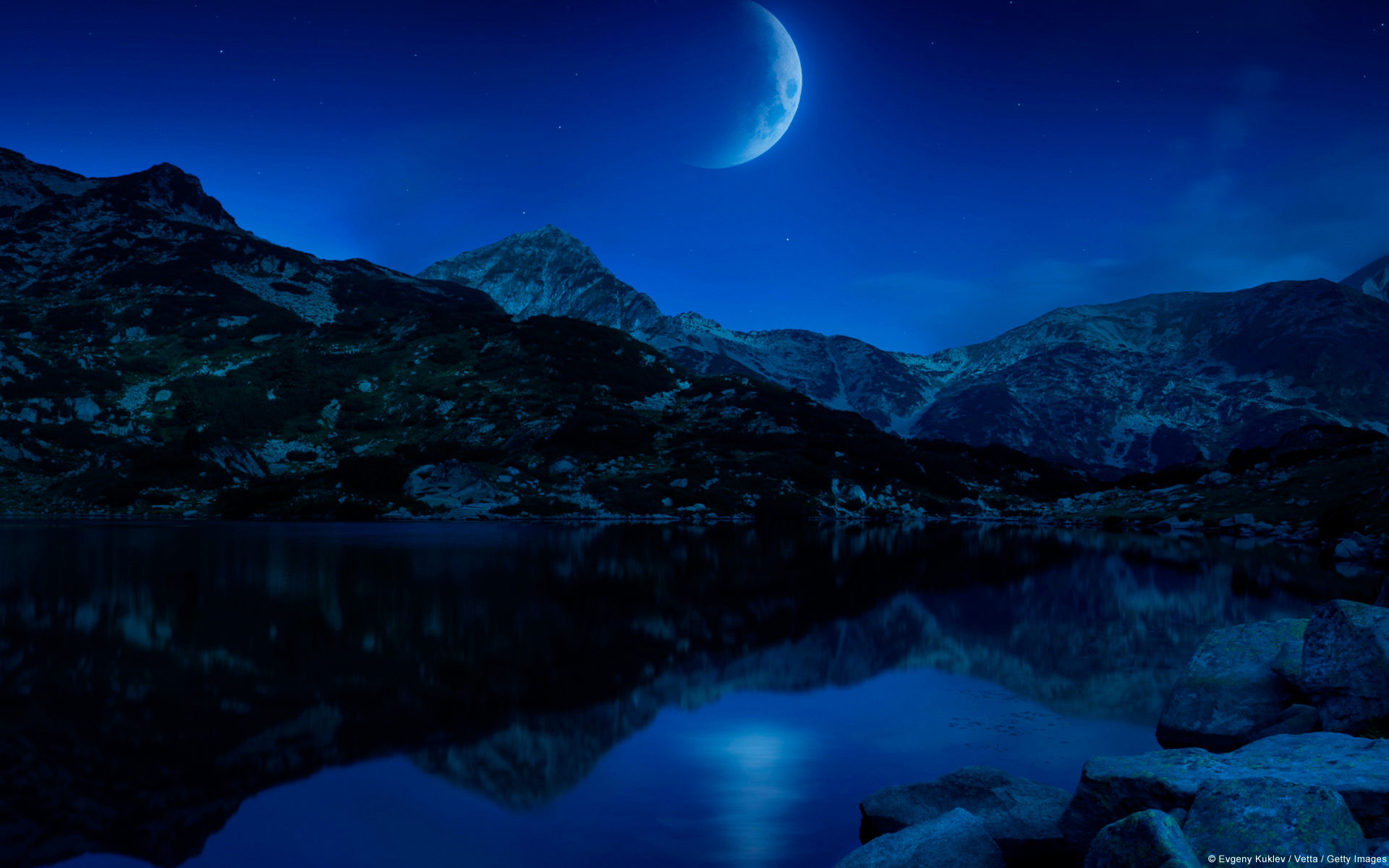 Crescent Fantasy Lake Moon Mountain Night Reflection Rock Sky 1920x1200