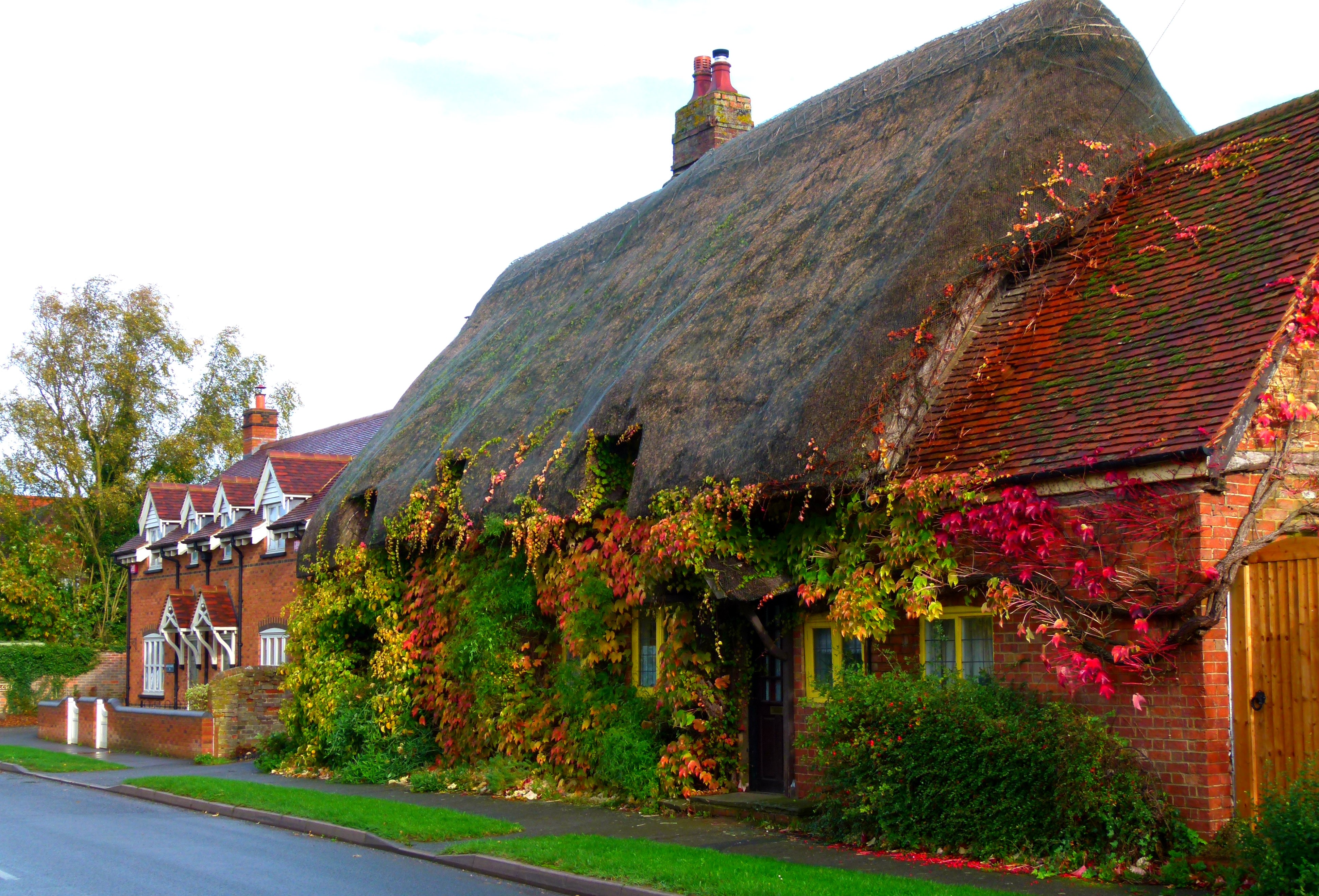 Cottage England Fall Foliage House Man Made Thatched Roof Vine 3879x2636