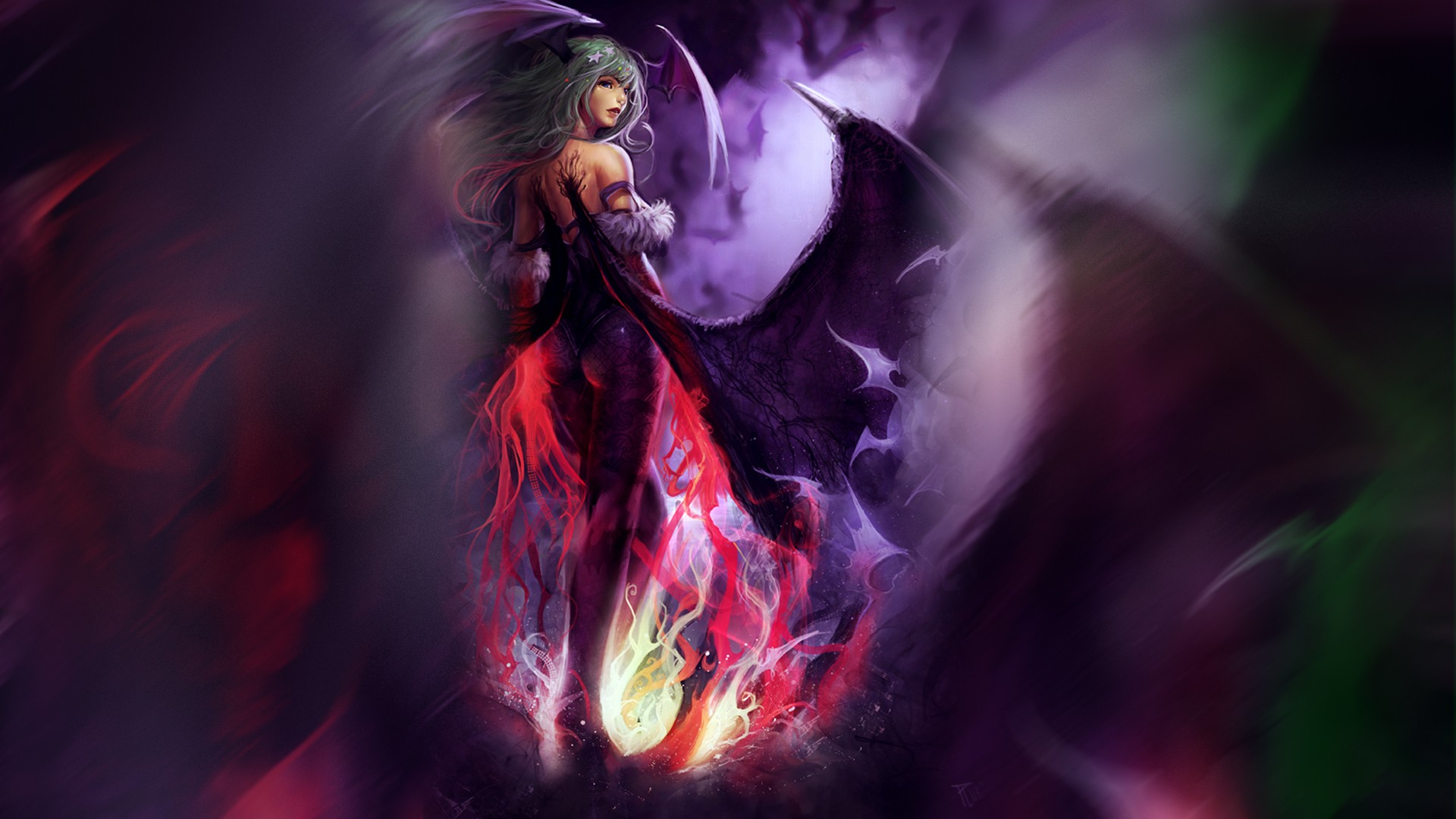 Darkstalkers Demon Fantasy Flame Green Hair Long Hair Morrigan Aensland Video Game Woman 1920x1080