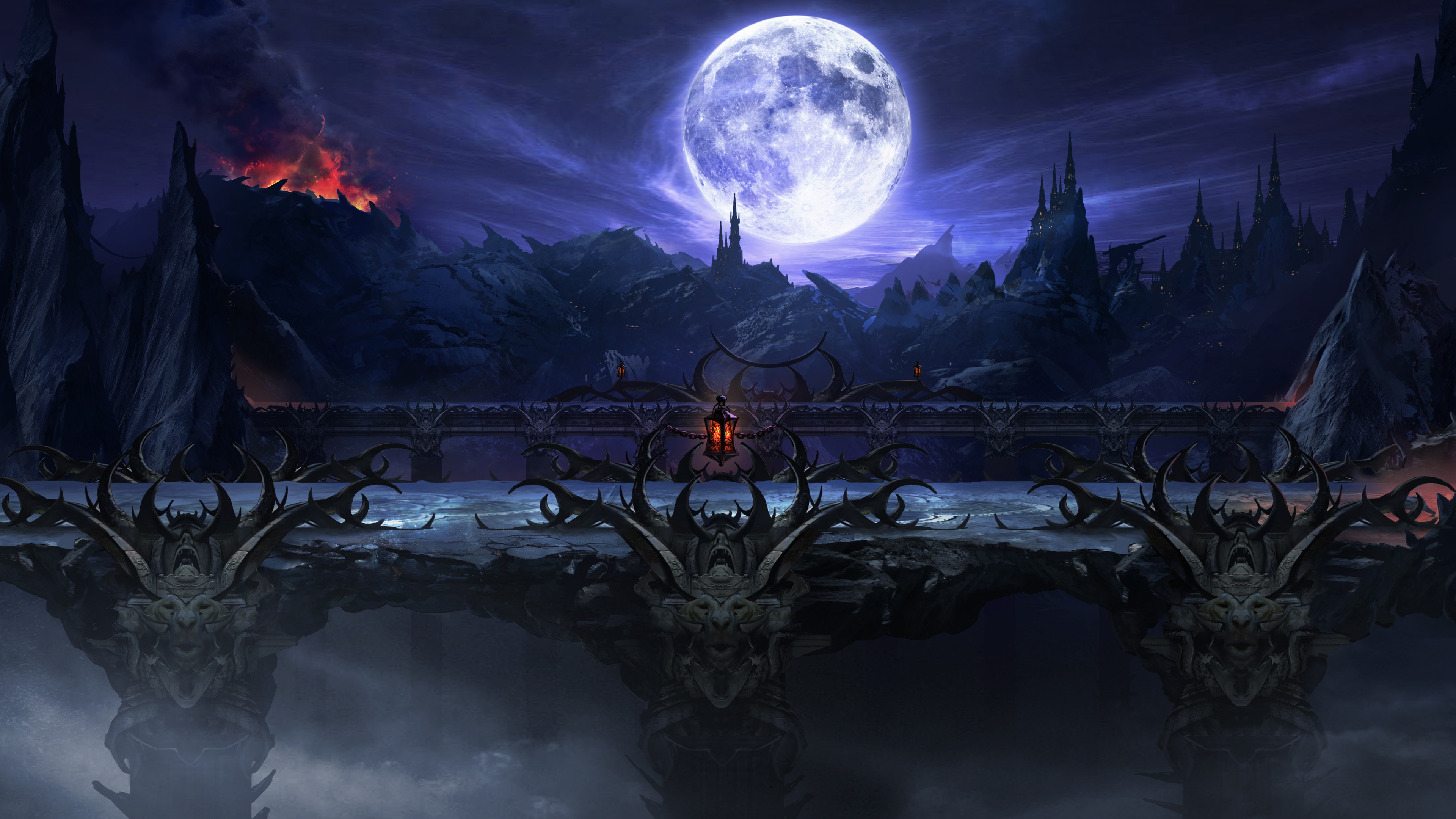 Bridge Lantern Moon Mortal Kombat Night Smoke 3840x2160