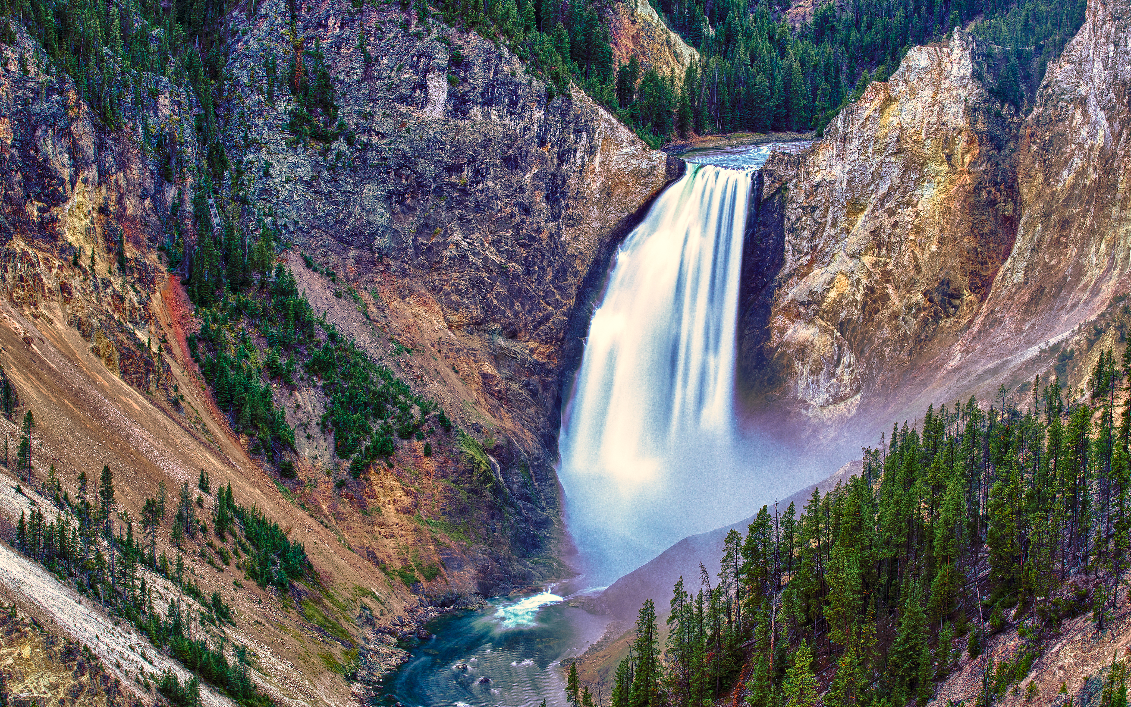 Cliff Landscape Nature River Rock Water Waterfall Yellowstone 3840x2400