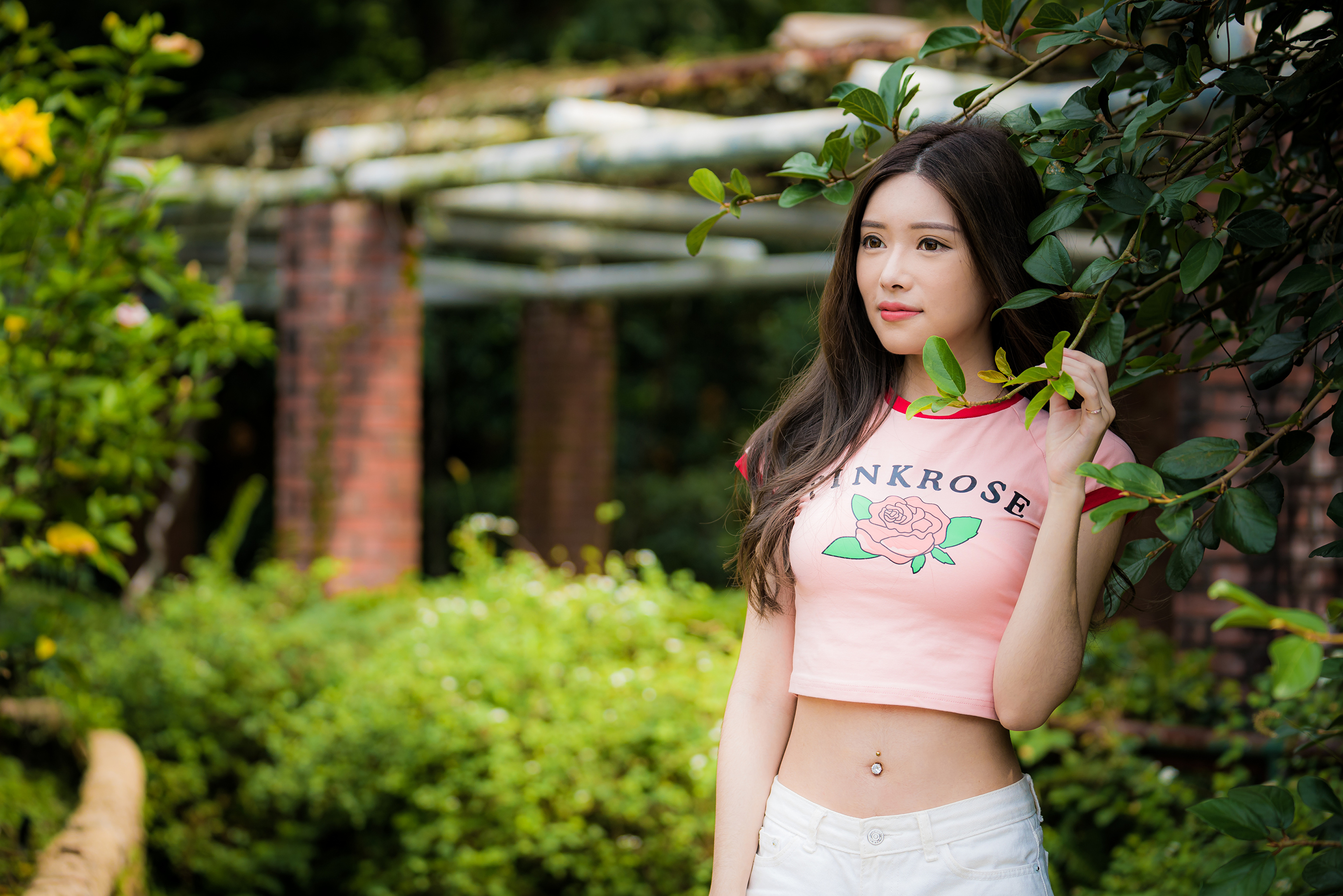 Asian Model Women Long Hair Brunette Pink Tops Pants Bushes Depth Of Field T Shirt Crop Top 3840x2561