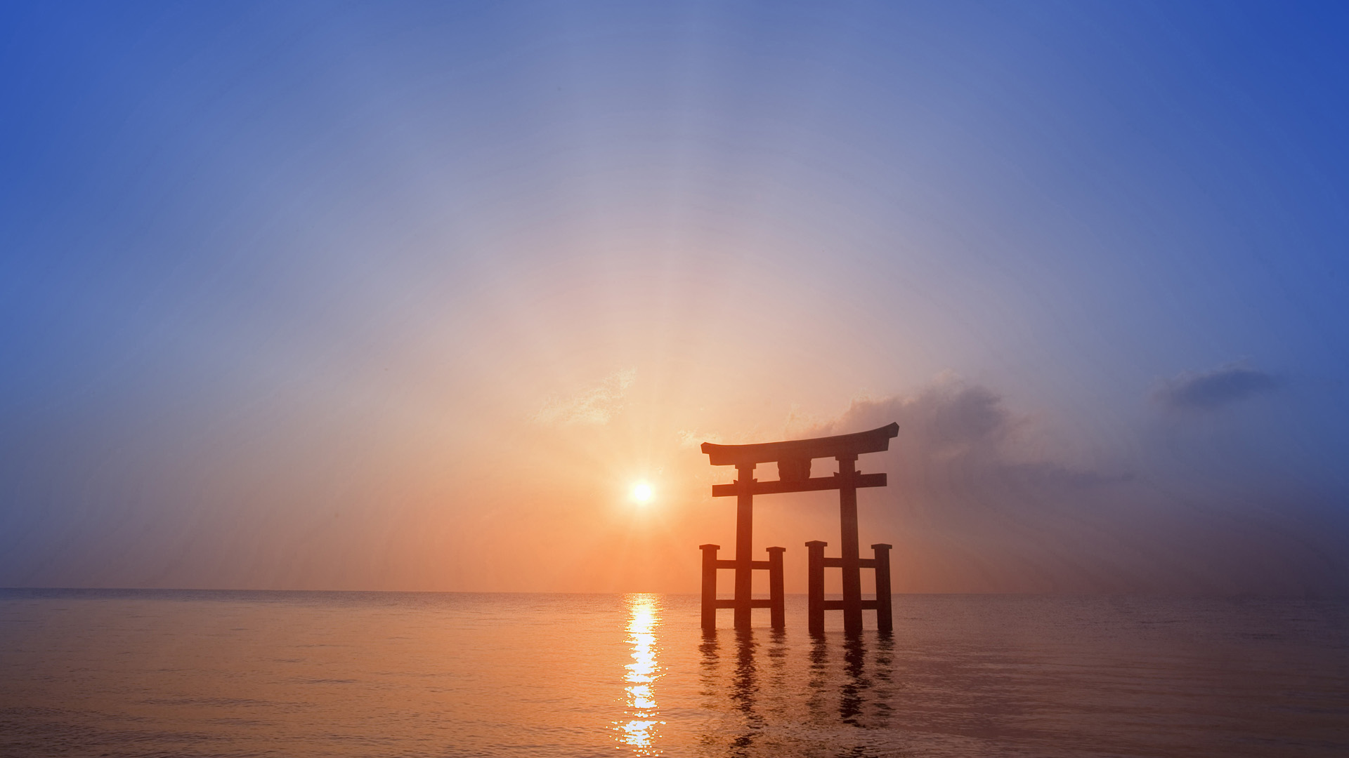 Arch Gate Horizon Japan Ocean Religion Religious Shrine Sunrise Sunset Torii Water 1920x1080