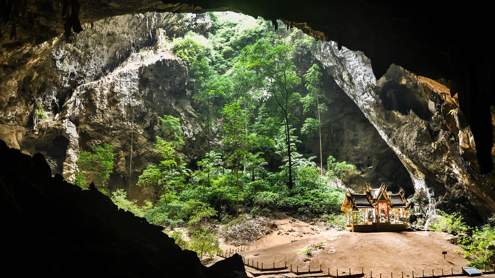 Nature Rocks Trees Plants Cave Phraya Nakhon Cave Spiritual Shards Sunlight Thailand 1920x1080