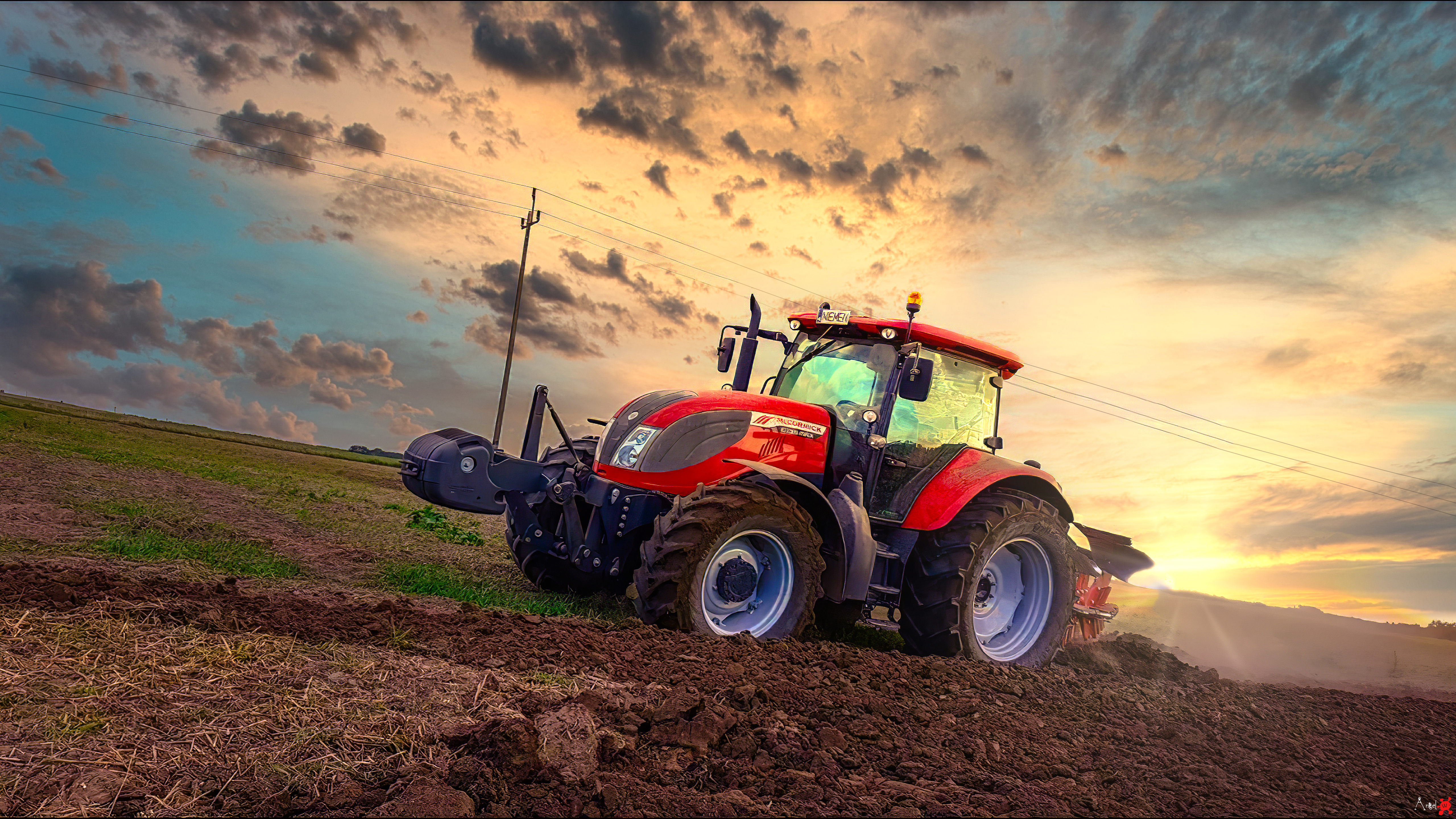 Tractors Sunset Field Vibrant Photoshop Edit 5120x2880