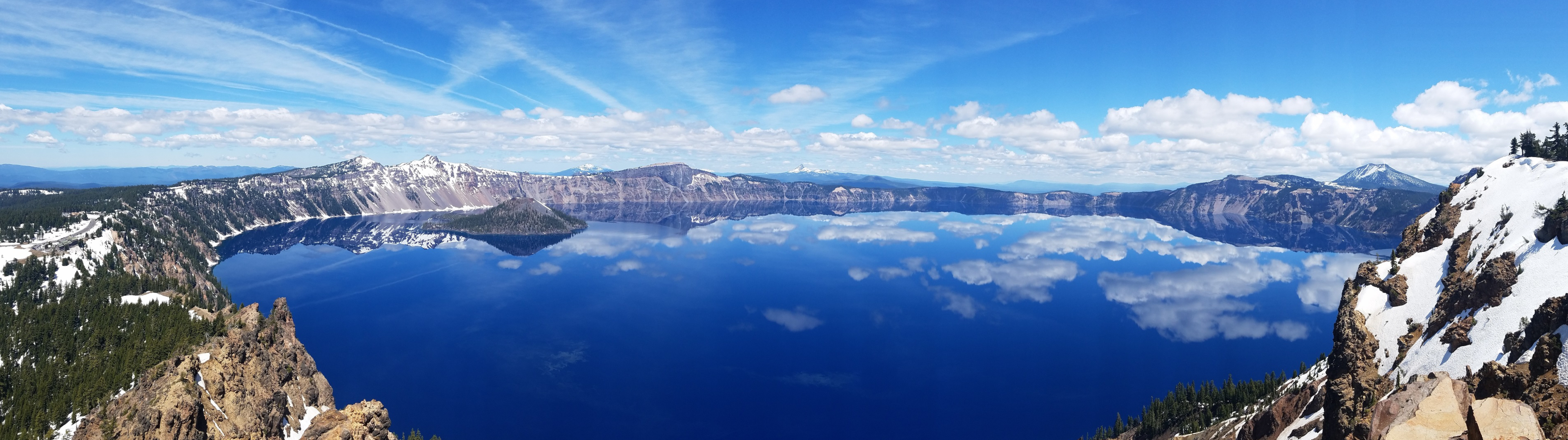 Landscape Lake Clouds Horizon Panorama Crater Lake Reflection Nature Snow Dual Display Multiple Disp 3840x1080