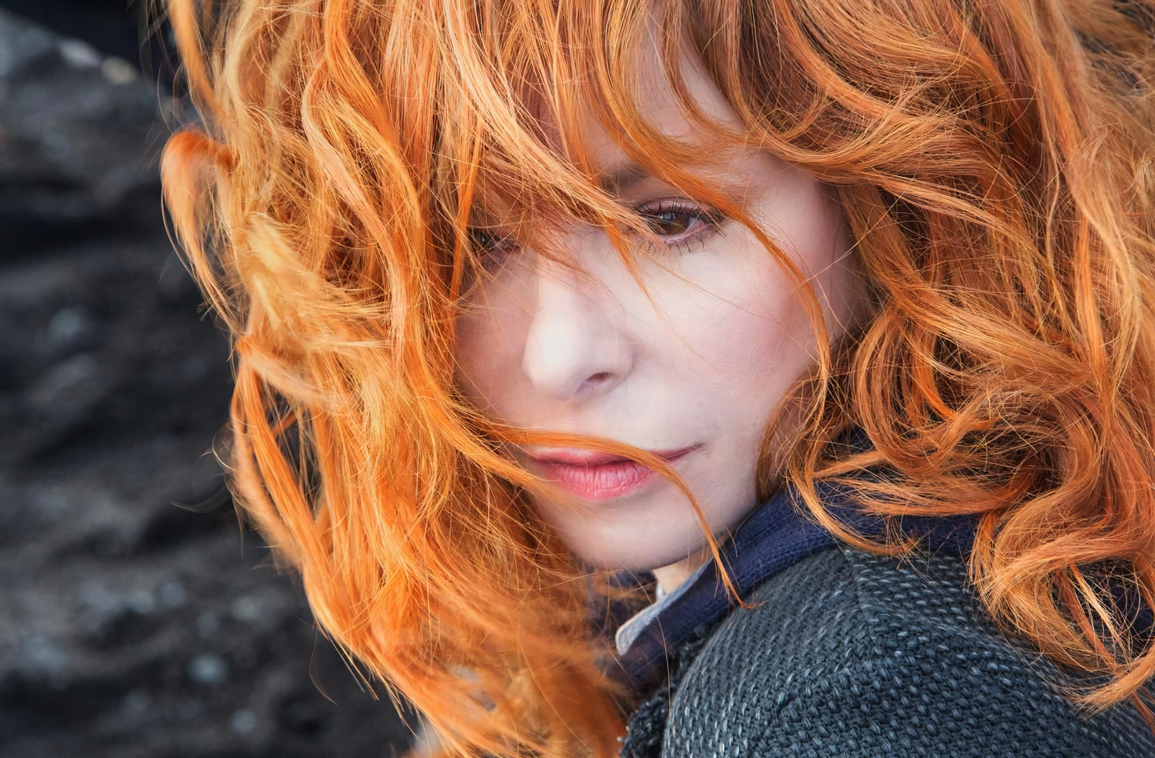 Mylene Farmer French Singer Redhead Hair In Face Looking Away 1644x1080