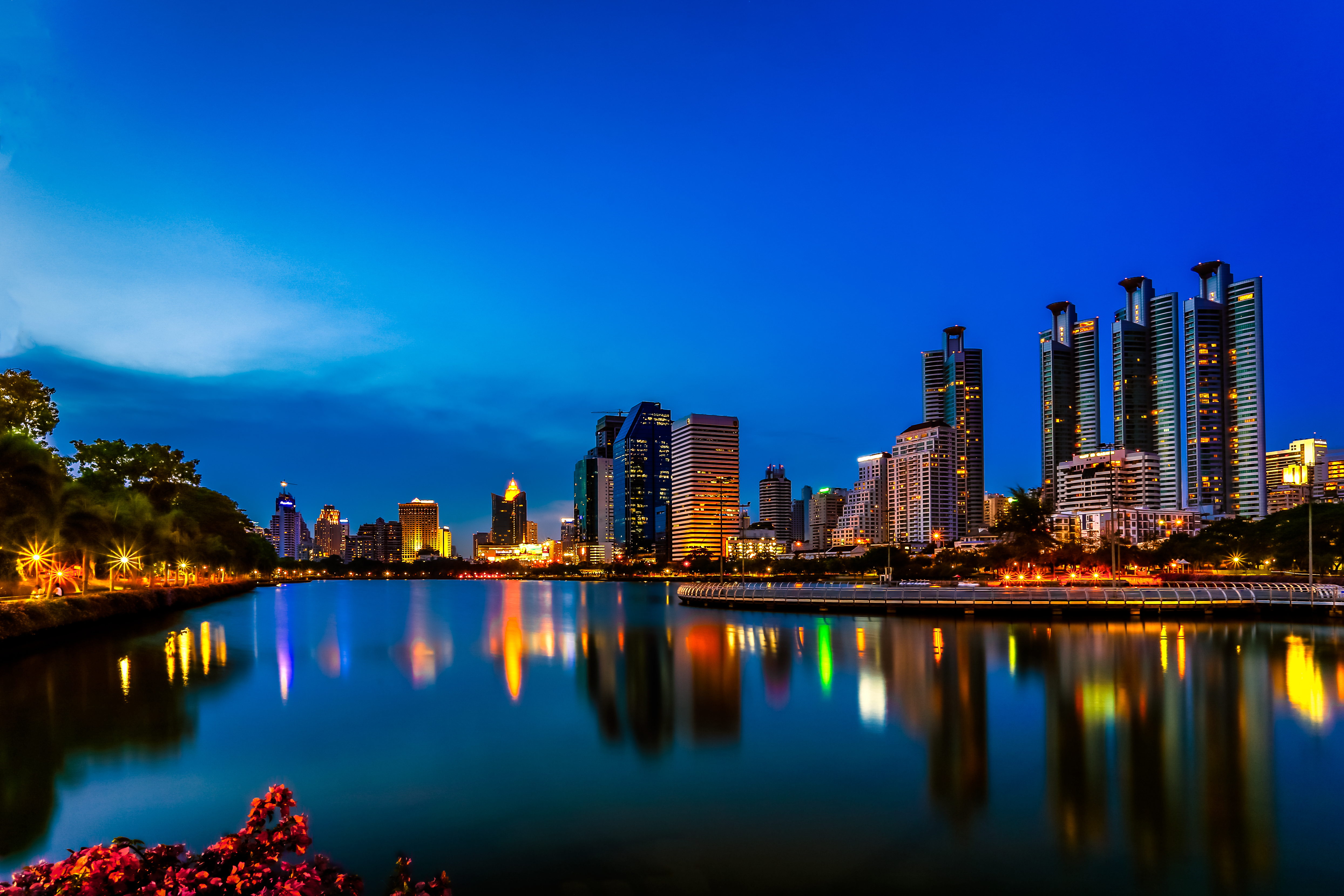 Bangkok Building City Lake Light Night Reflection Skyscraper Thailand 4979x3319
