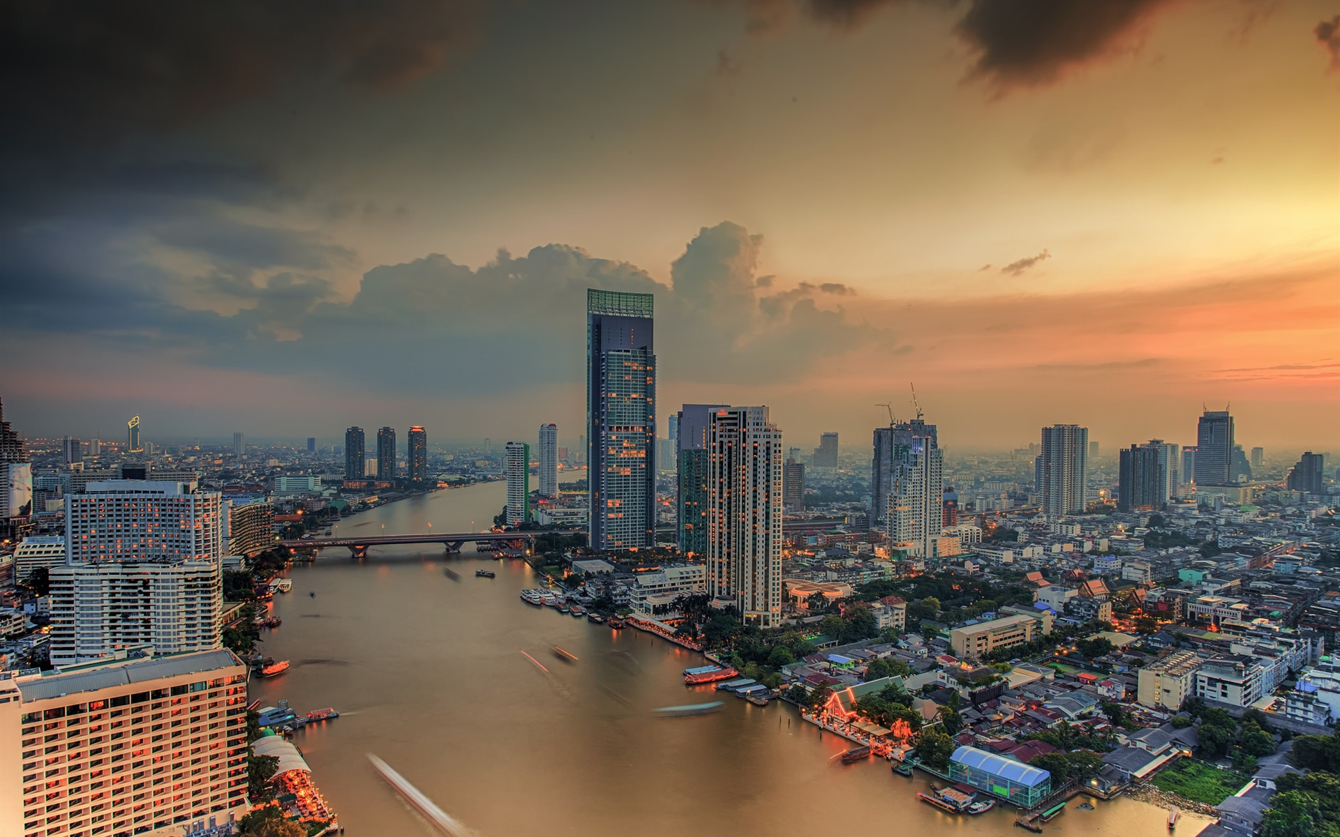 Architecture Bangkok Bridge Building City Cityscape Light Panorama River Sunset Thailand 1920x1200