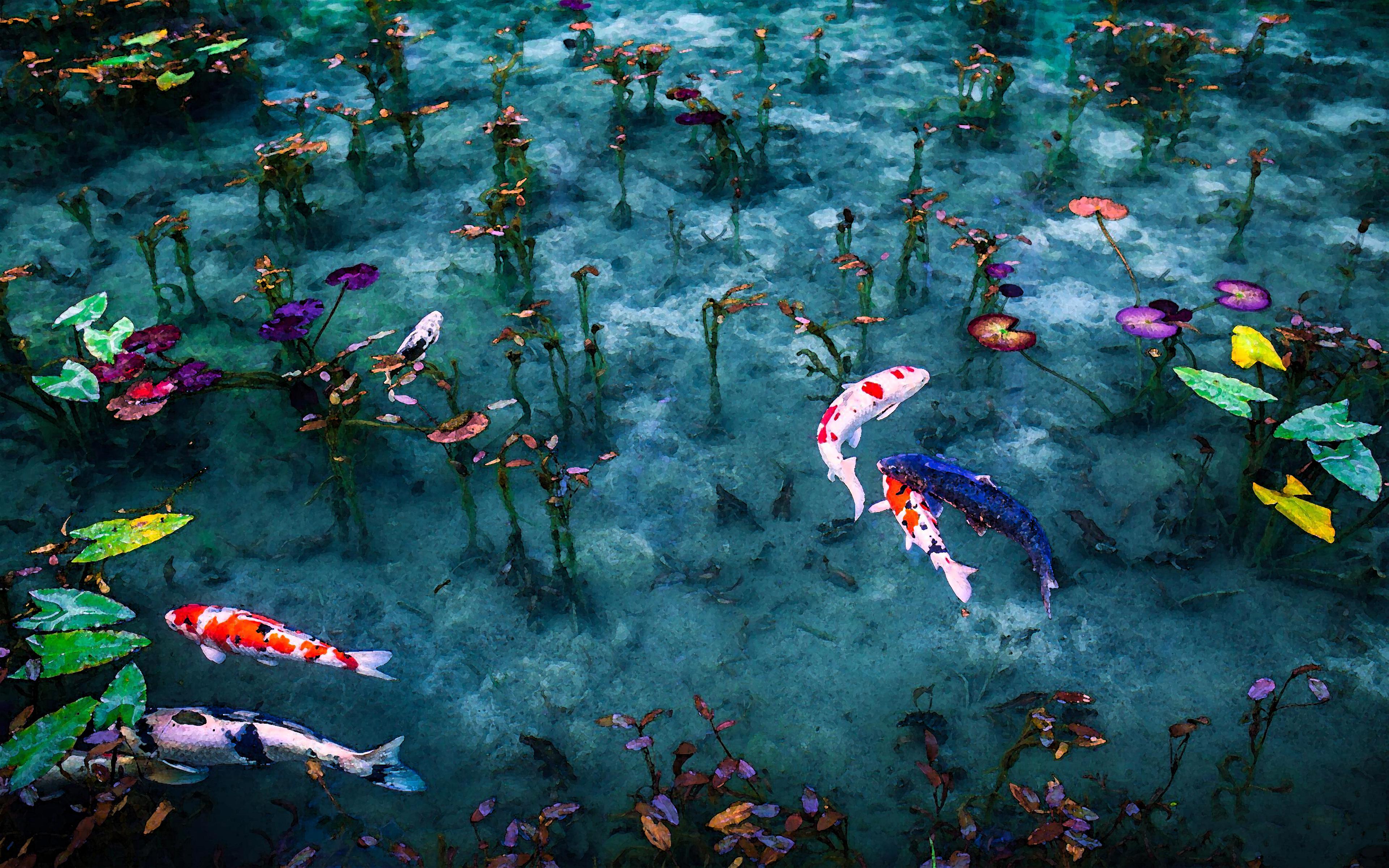 Artwork Painting Pond Fish Plants Water Leaves Koi Japan 3840x2400