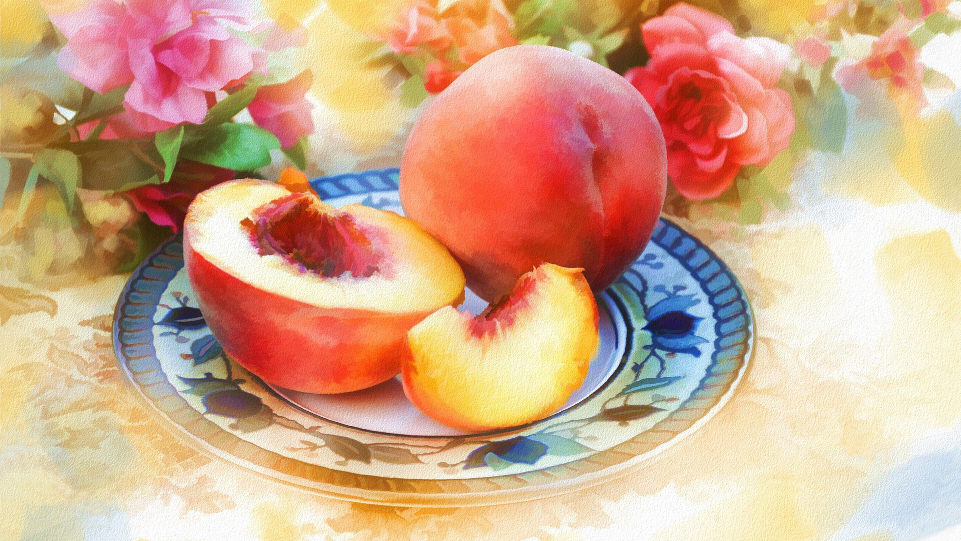 Artistic Flower Painting Peach Plate Still Life 1920x1080