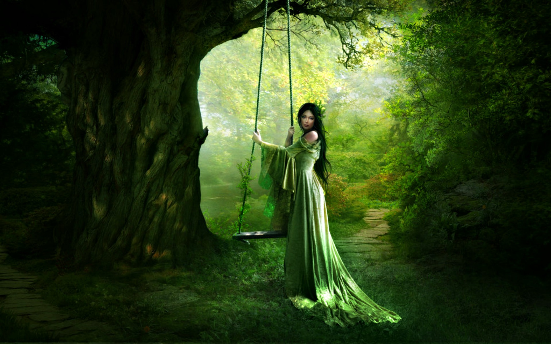 Fantasy Forest Girl Green Sad Swing Tree Woman 1920x1200