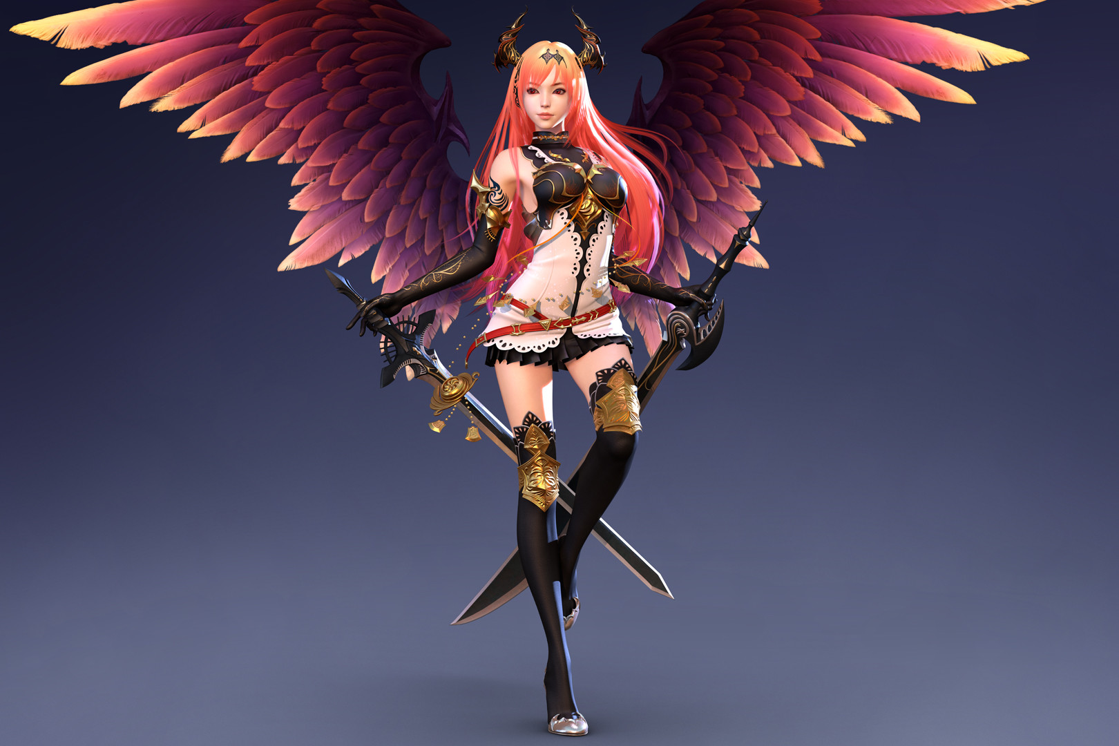 Shin JeongHo 3D Render Redhead Blades Wings Colorful 1620x1080