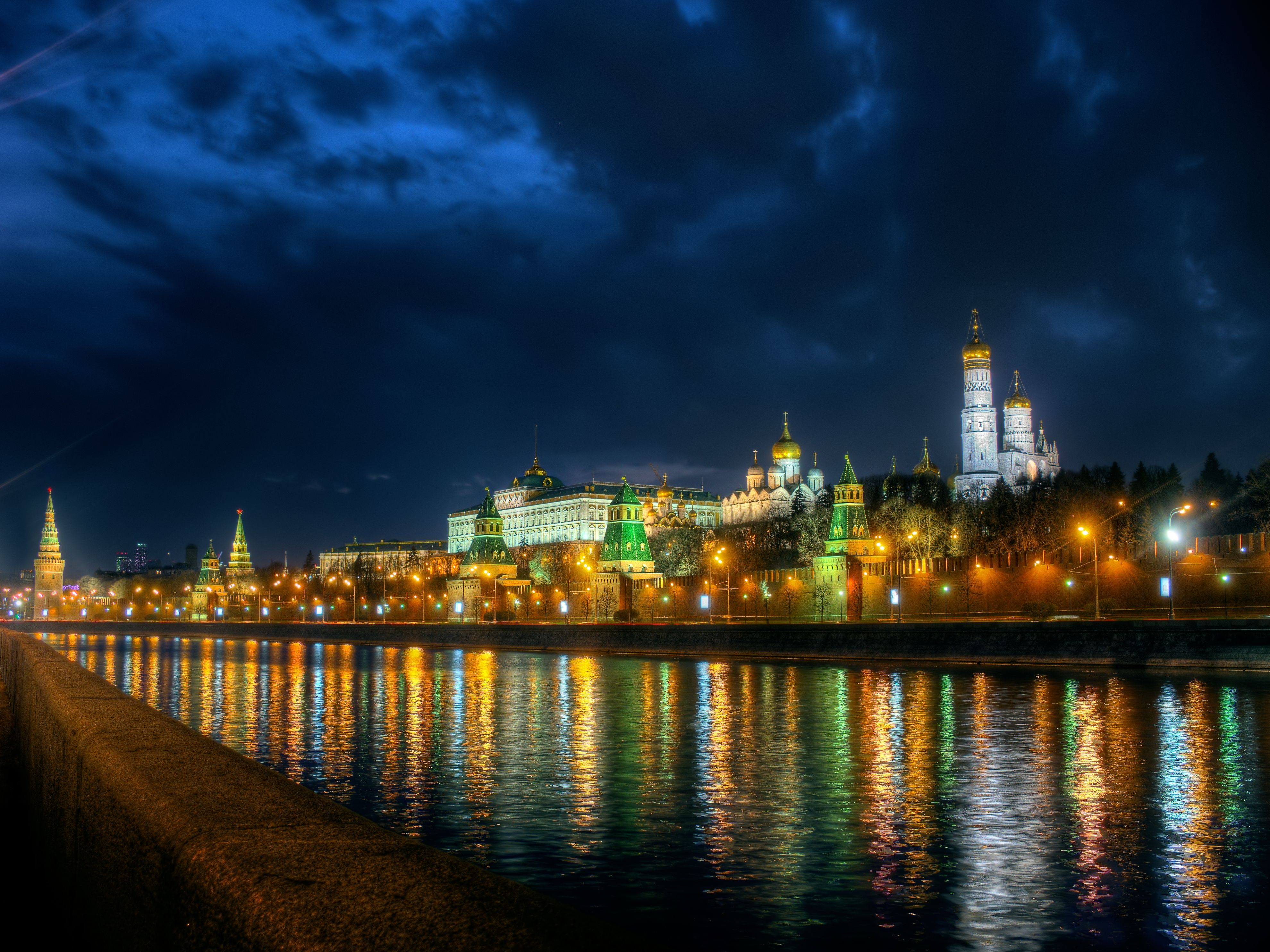 Building Hdr Light Moscow Night Reflection River 3960x2970