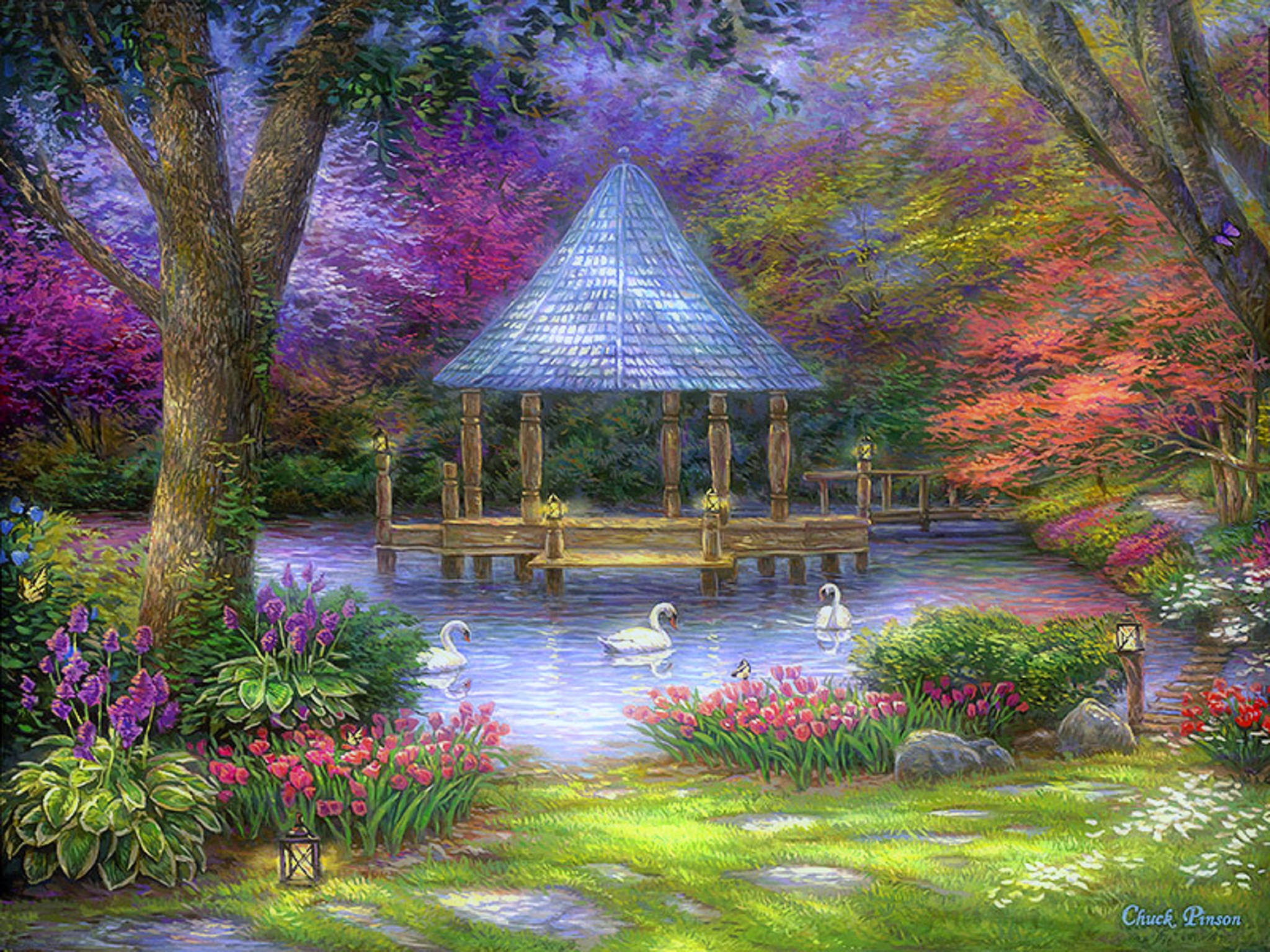 Artistic Flower Gazebo Painting Park Pond Spring Swan Tree 2048x1536