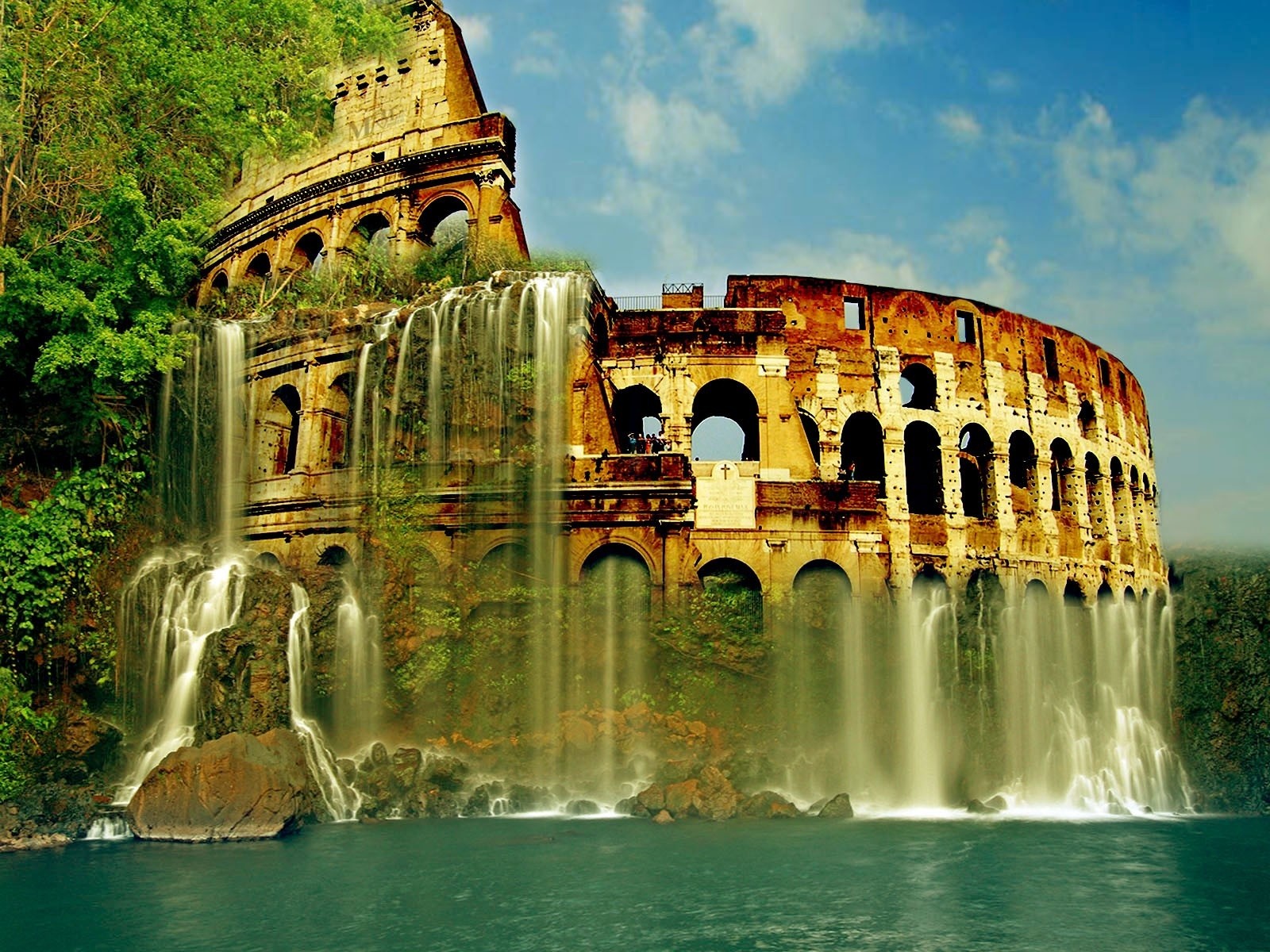 Artistic Colosseum Fantasy Ocean Ruin Waterfall 1600x1200